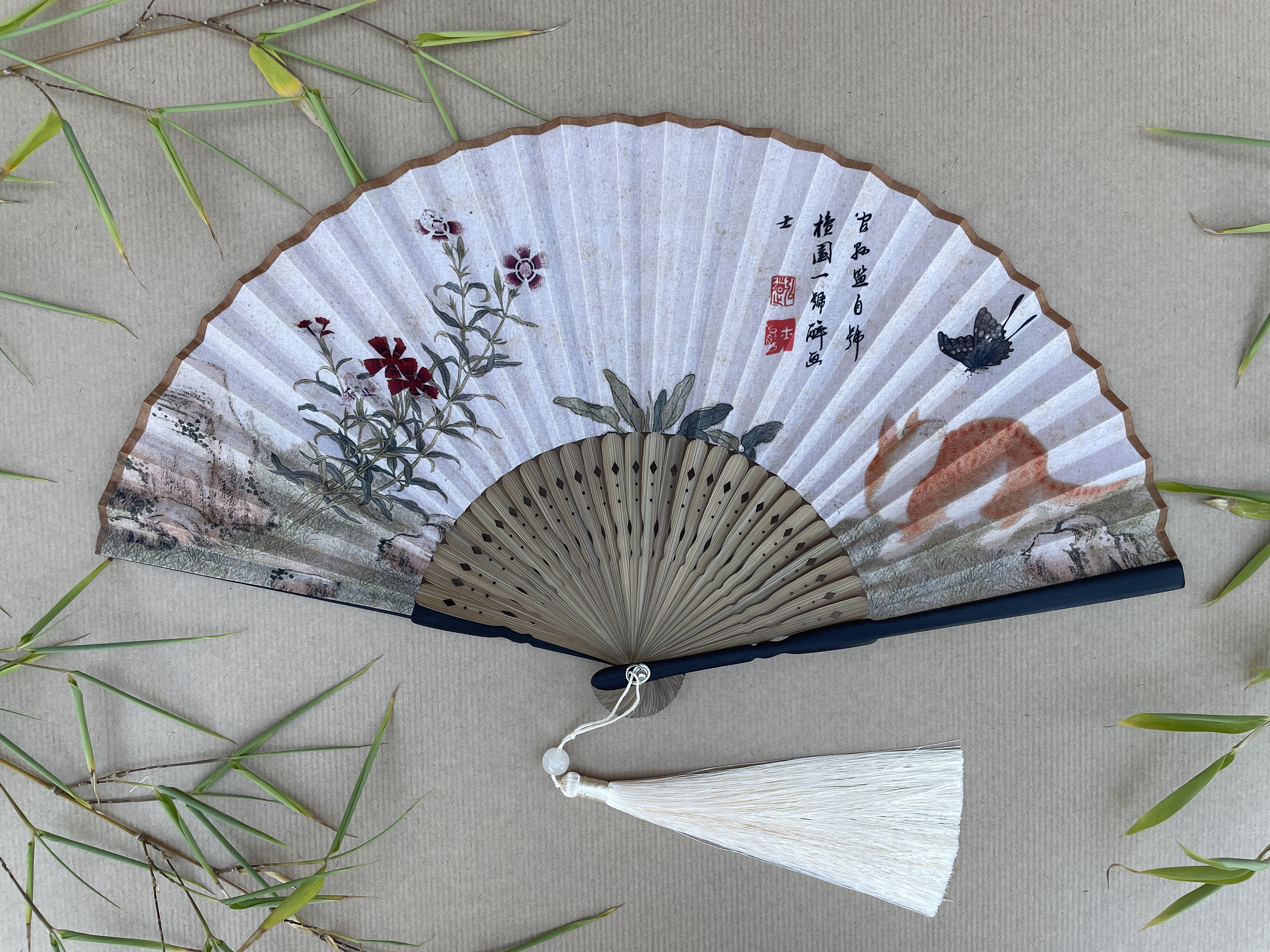 Chinese Ink Floral, Butterfly, and Calligraphy Folding Hand Fan - view 2