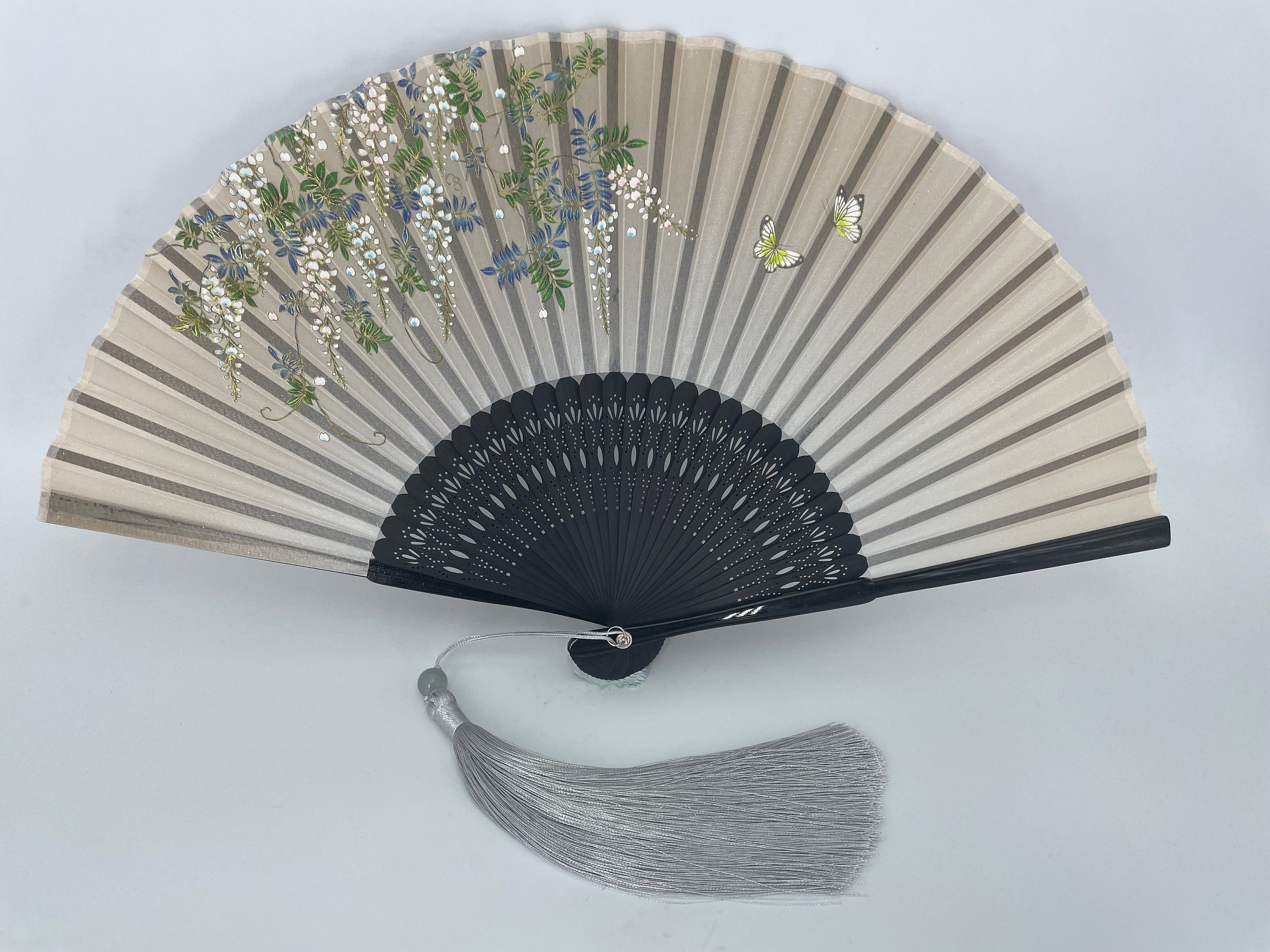 Blue Wisteria Blossom and Butterfly Print Folding Hand Fan - view 2