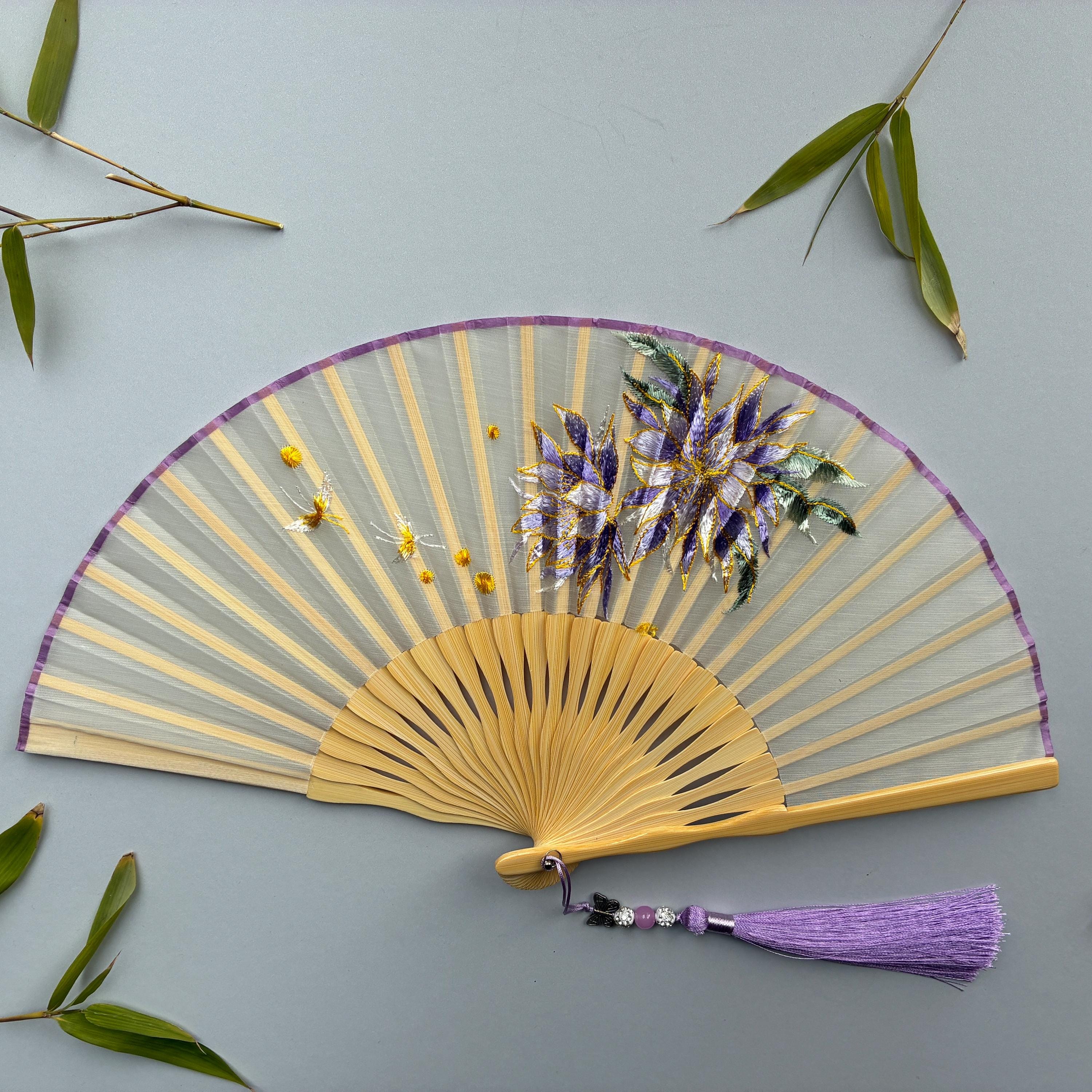 Purple Embroidered Floral Bloom Sheer Folding Hand Fan - view 2