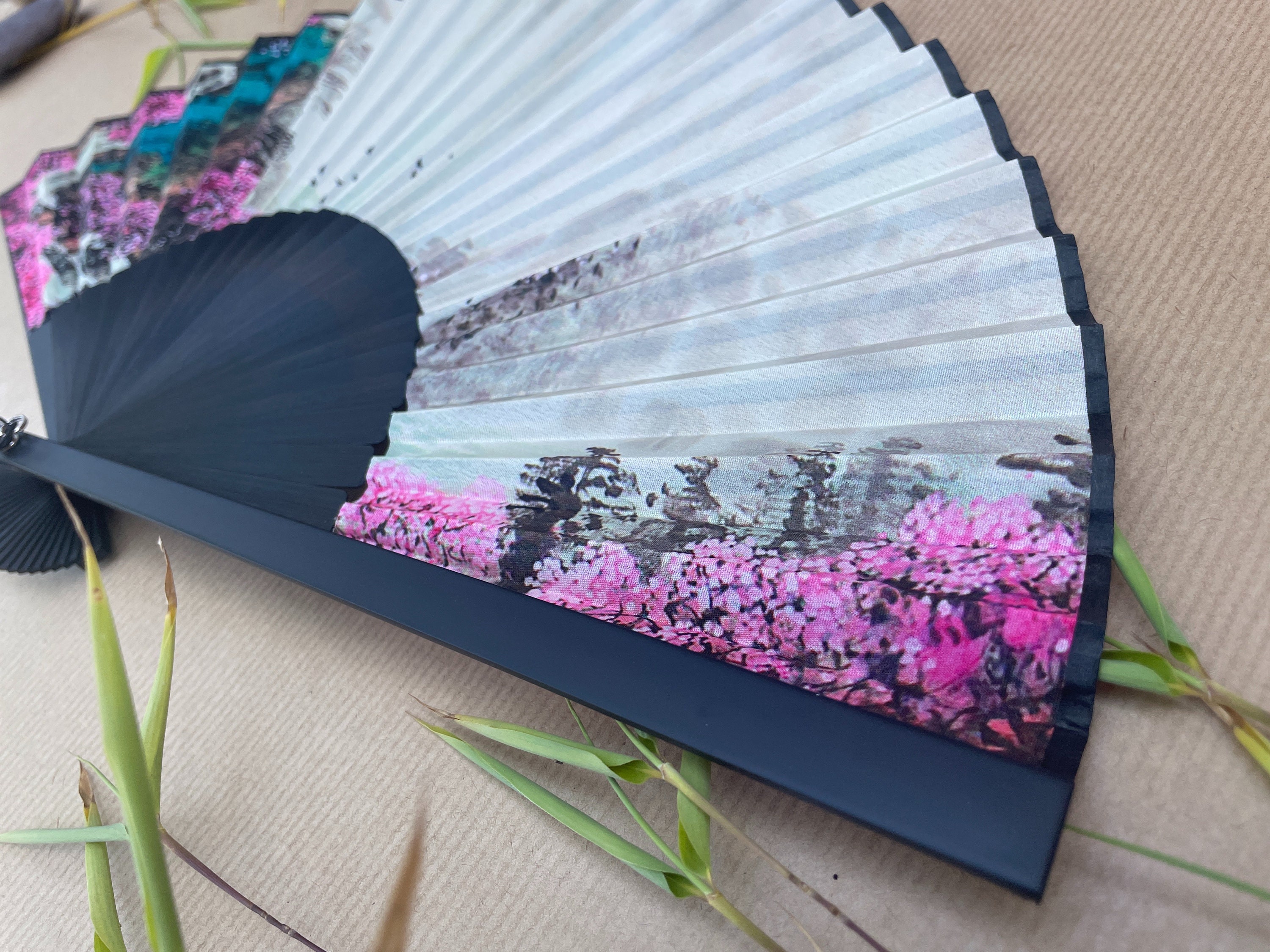 Turquoise Mountain and Pink Blossom Landscape Folding Hand Fan - view 5