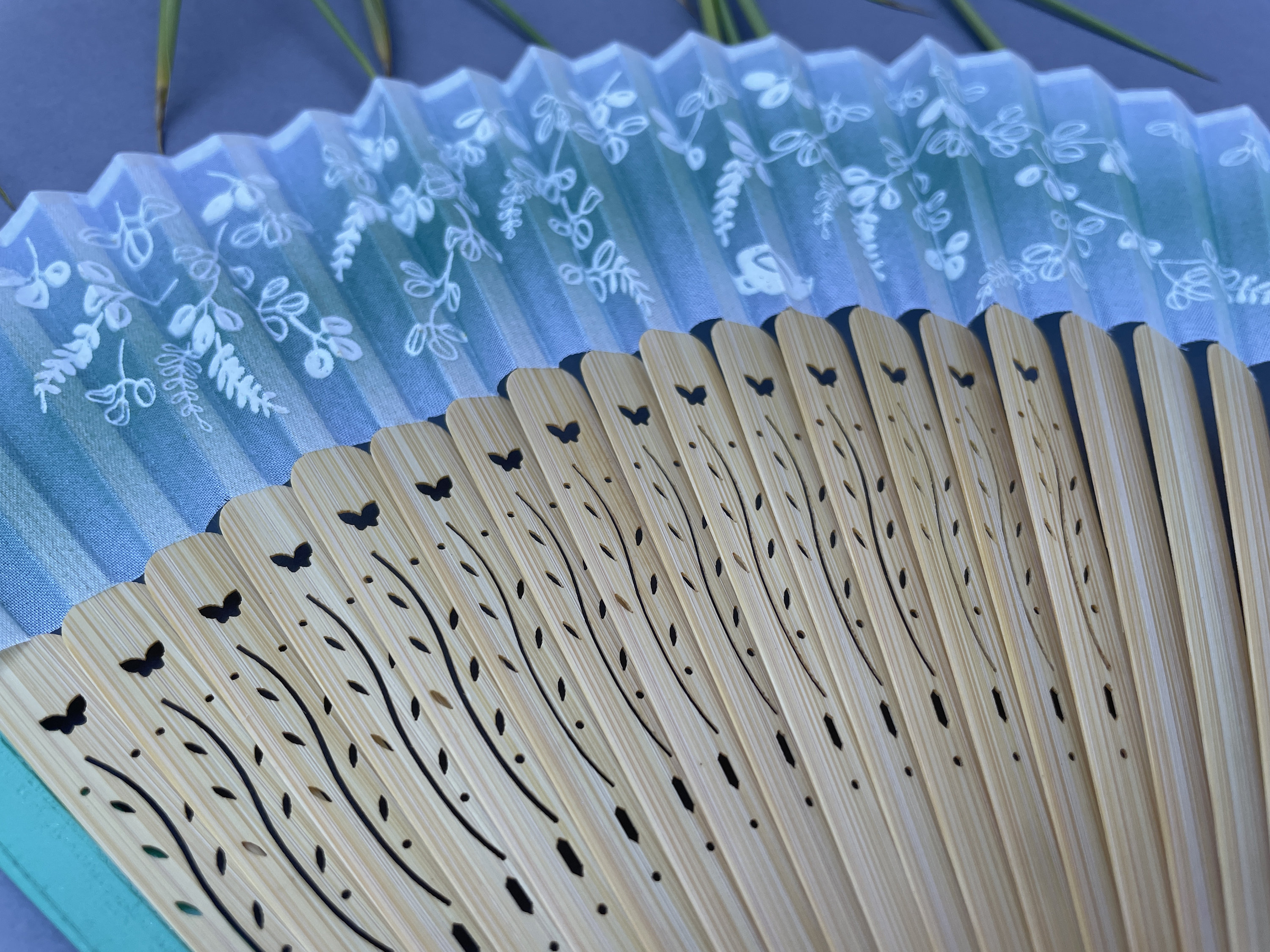 Blue Gradient White Floral Sprig and Butterfly Folding Hand Fan - view 4