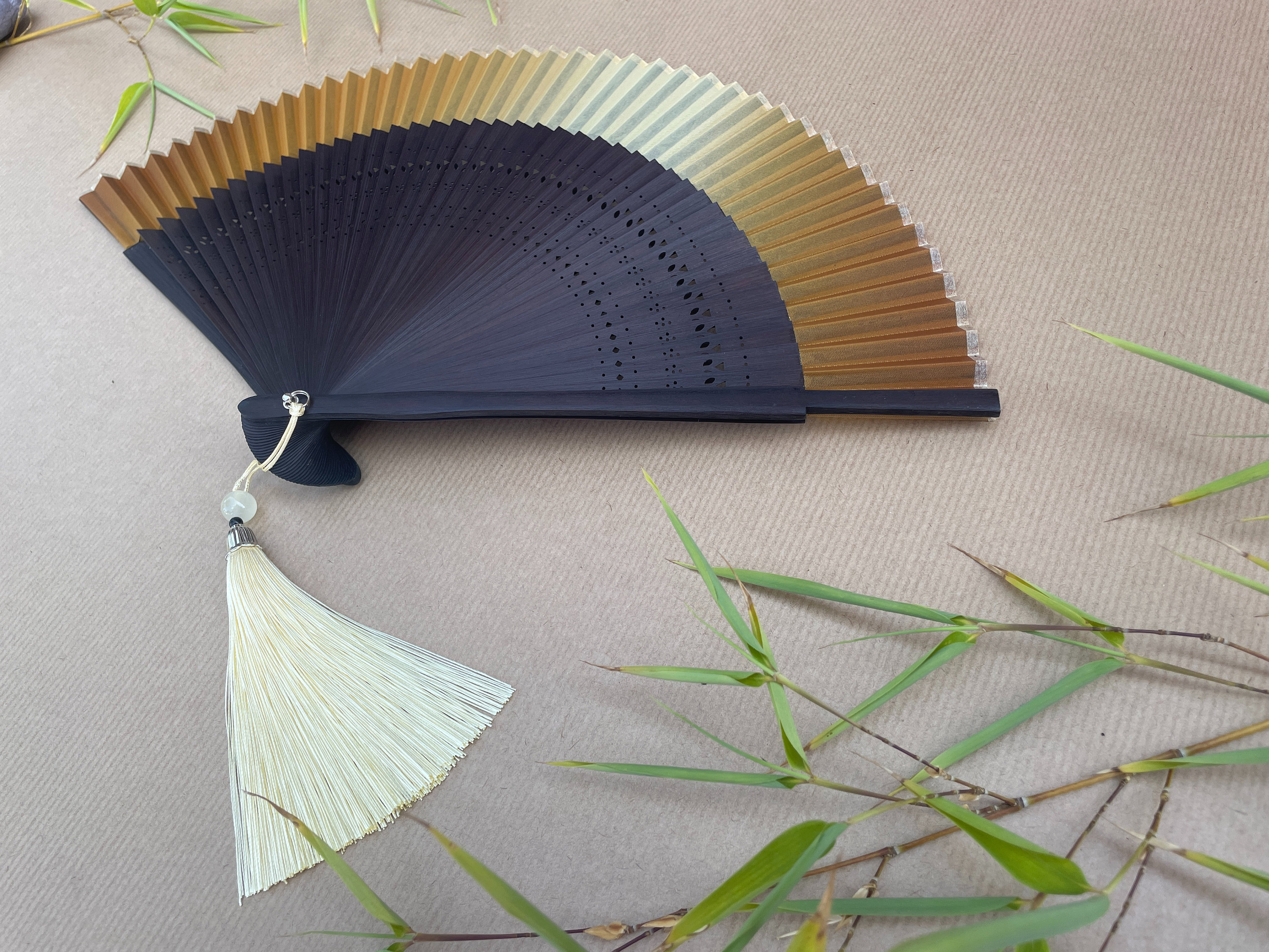 Champagne Gold and Midnight Blue Ombre Folding Hand Fan - view 5