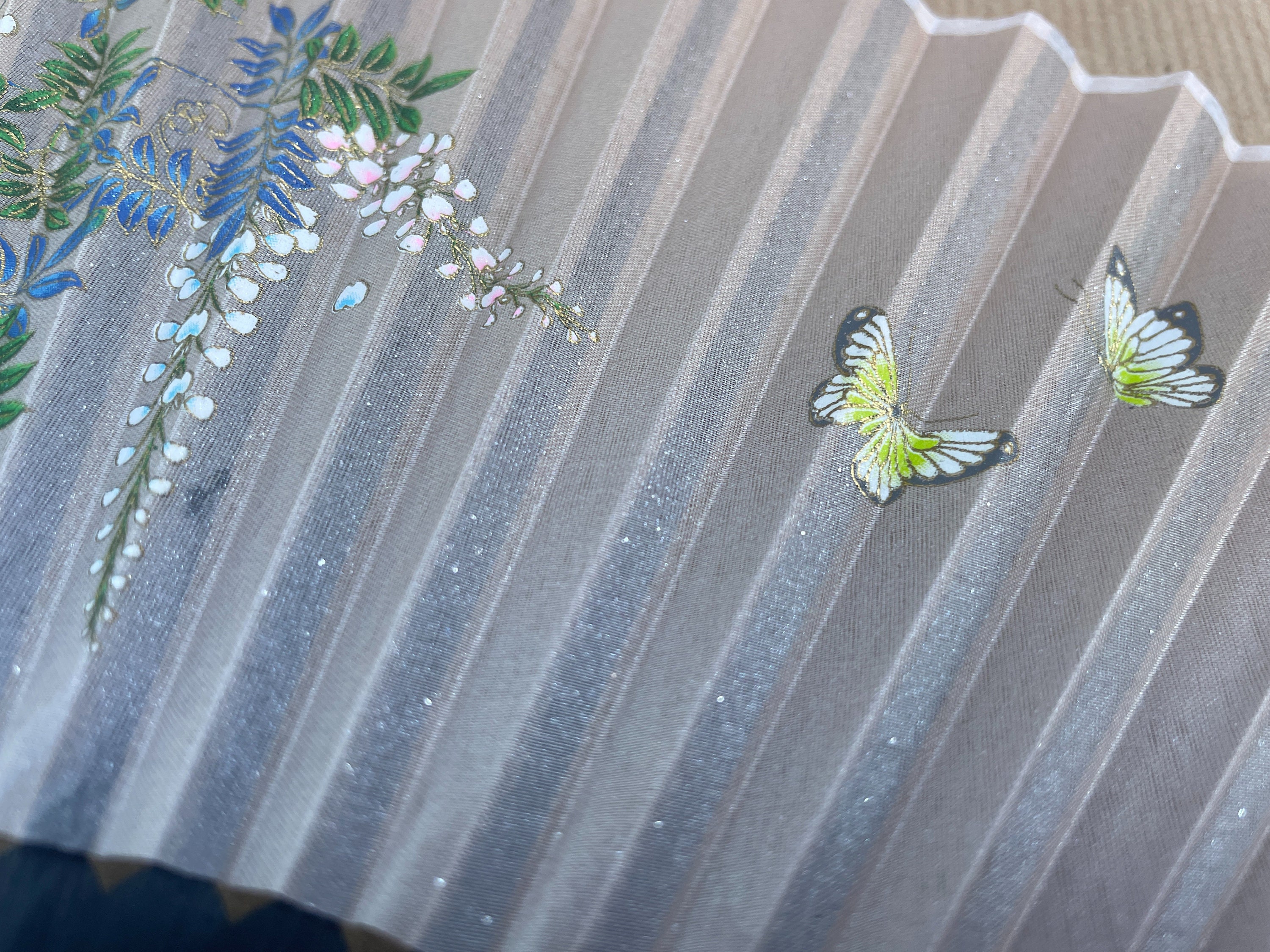 Blue Wisteria Blossom and Butterfly Print Folding Hand Fan - view 3