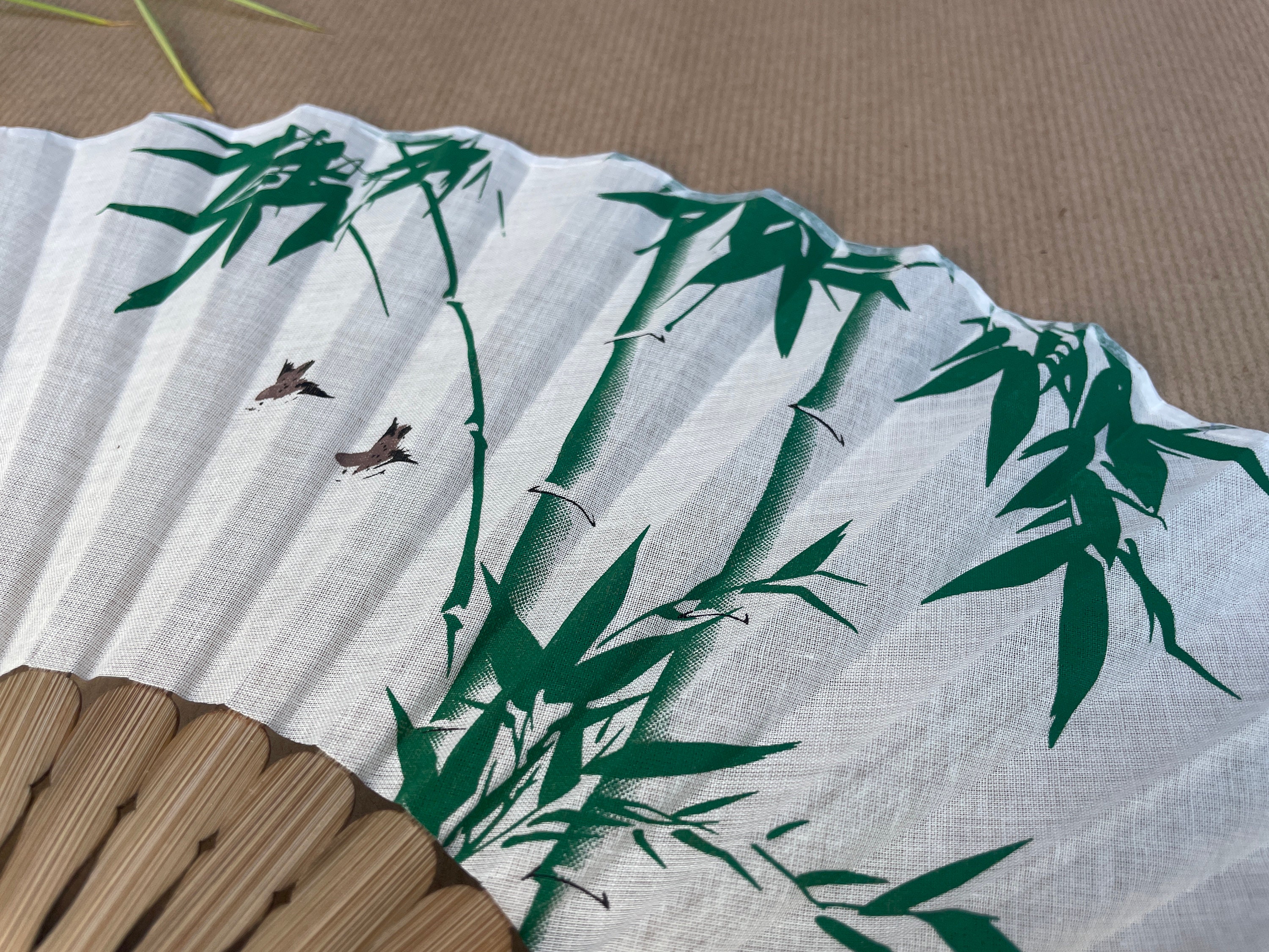 White Bamboo Leaf and Flying Bird Folding Hand Fan - view 2