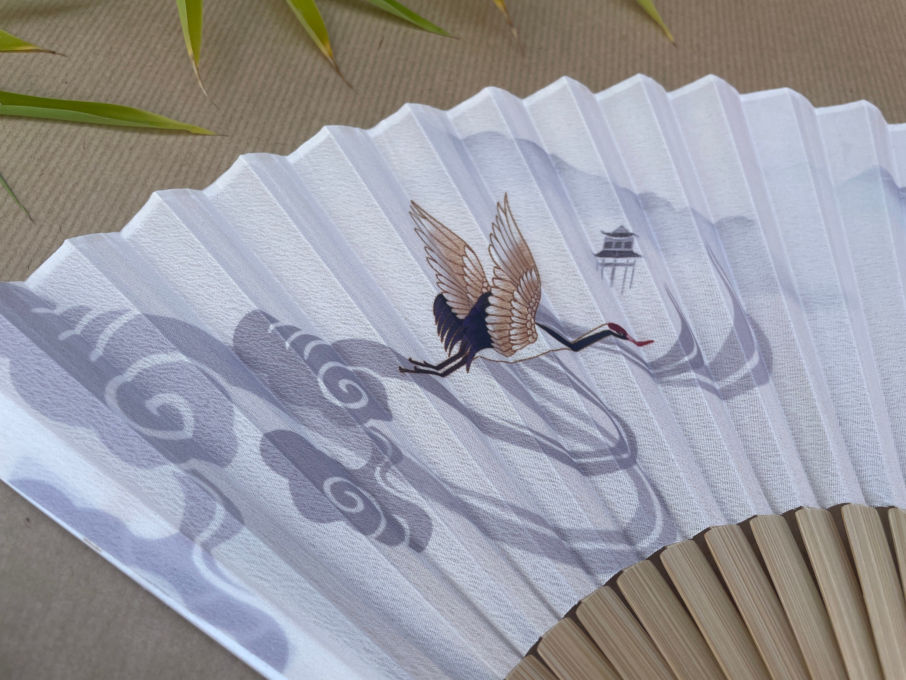 Flying Crane and Cloud Print Folding Hand Fan - view 5