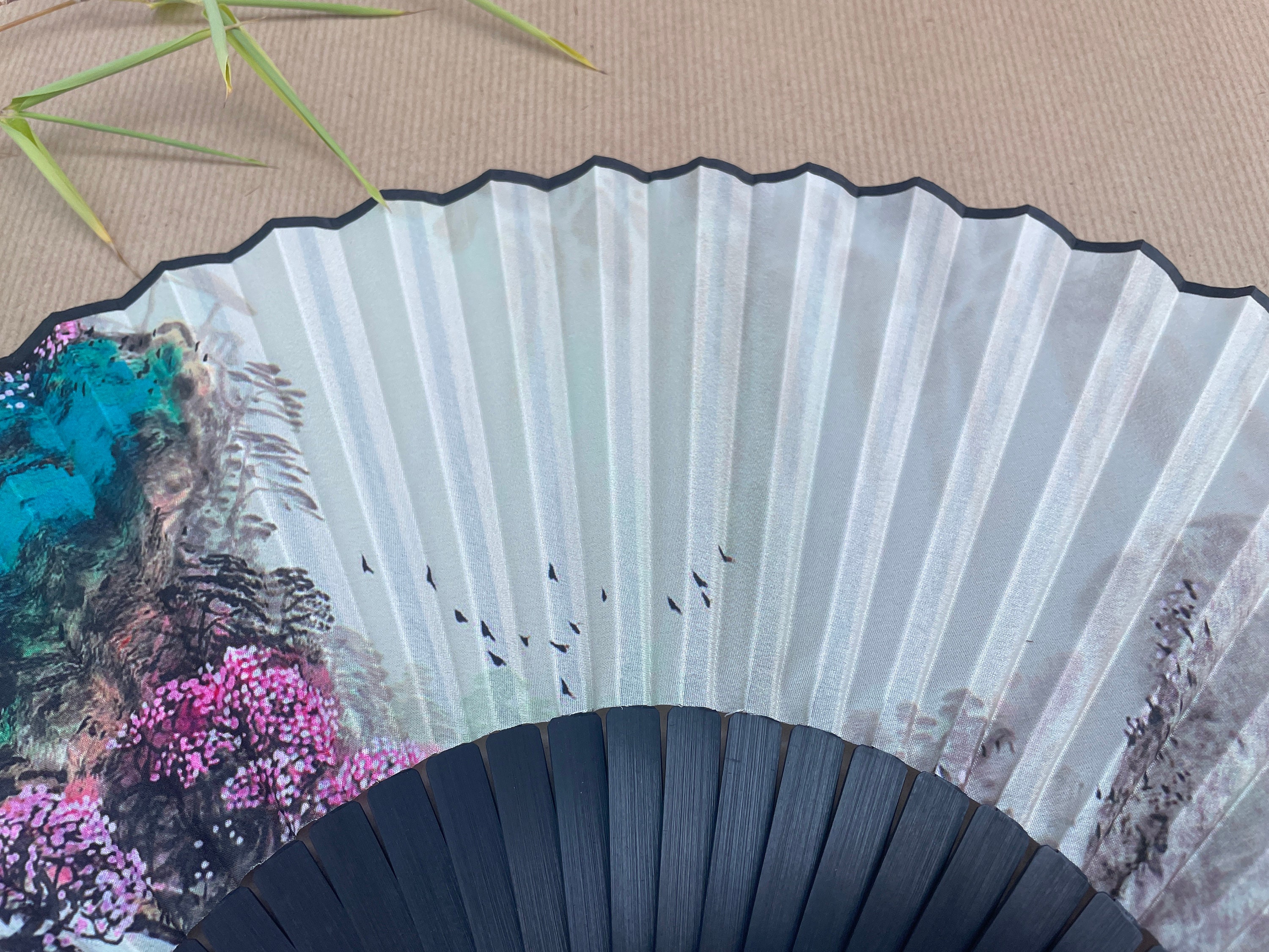 Turquoise Mountain and Pink Blossom Landscape Folding Hand Fan - view 3