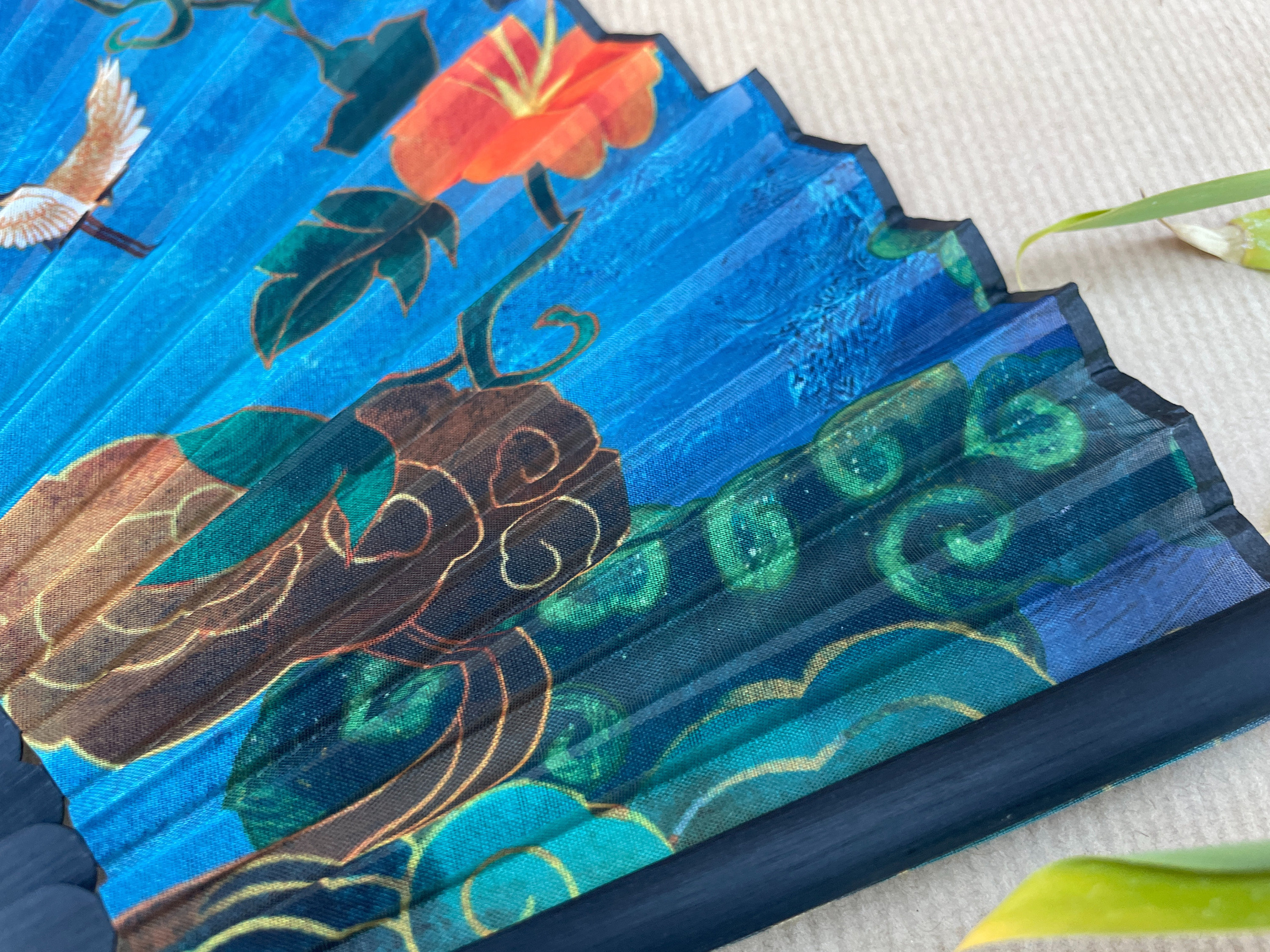 Blue Flying Crane, Red Floral, and Cloud Pattern Folding Hand Fan - view 5