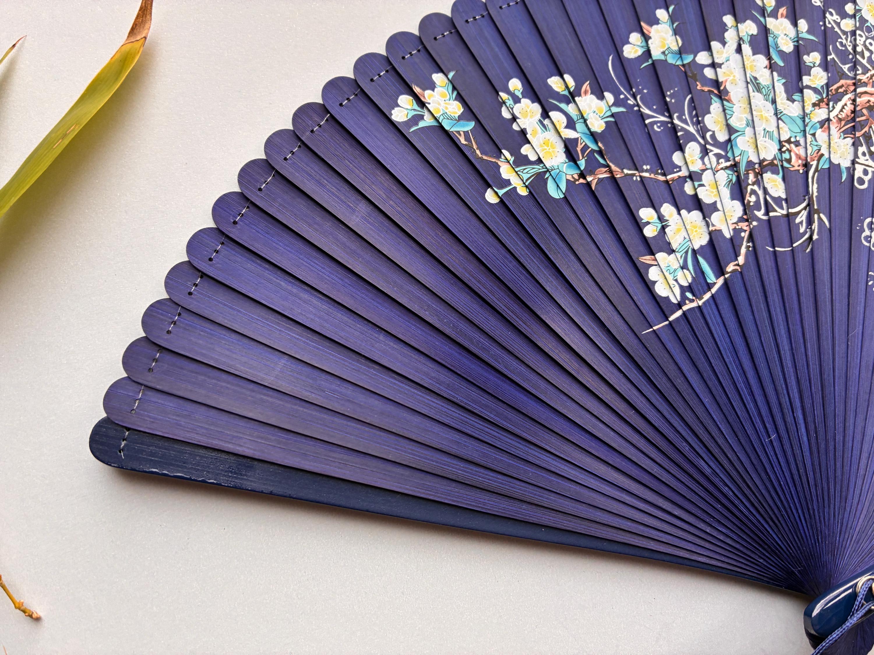 Deep Indigo White Blossom Branch and Bird Folding Hand Fan - view 5