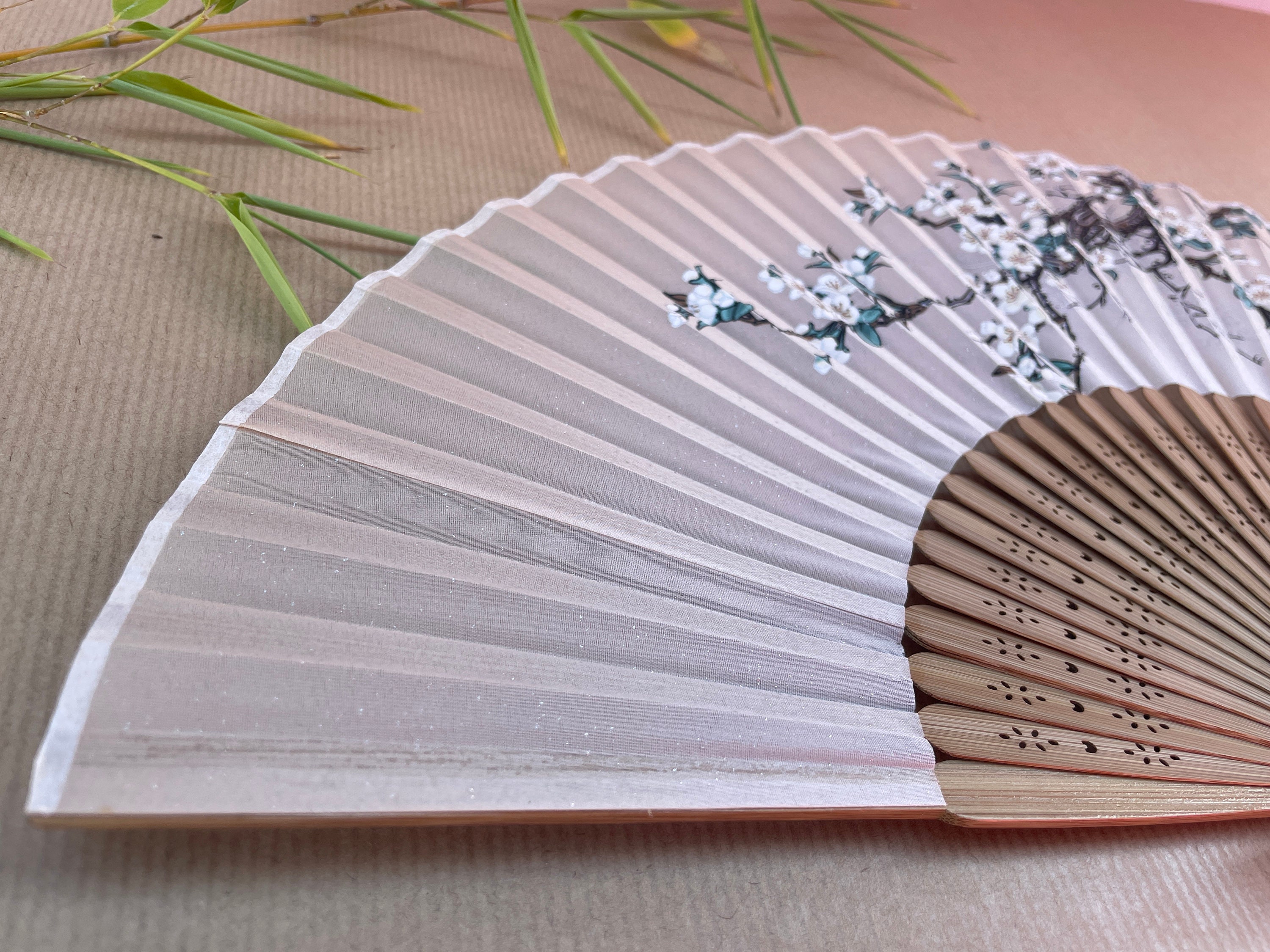 Blush Pink White Plum Blossom Branch Folding Hand Fan - view 3