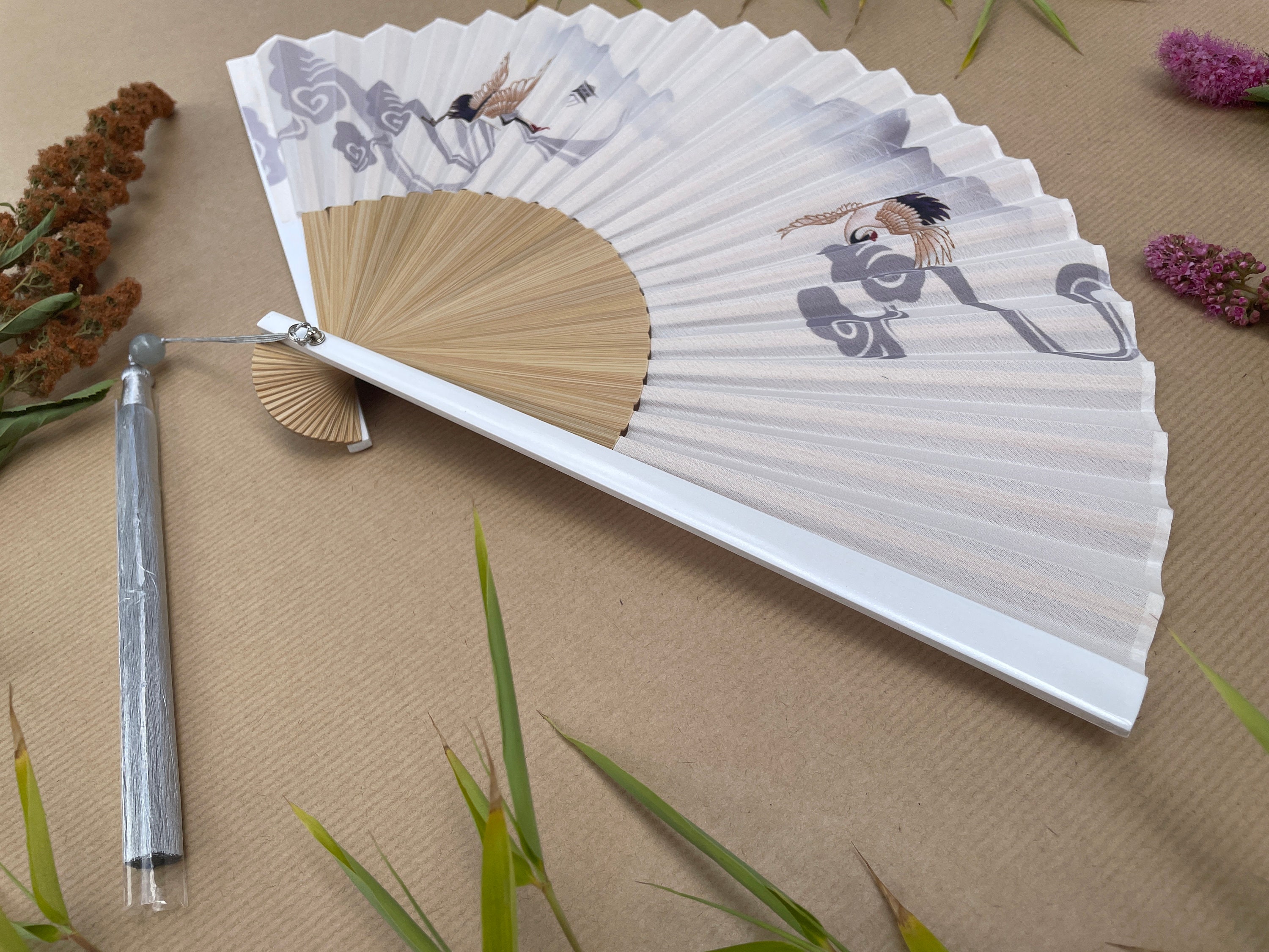 Flying Crane and Cloud Print Folding Hand Fan - view 3