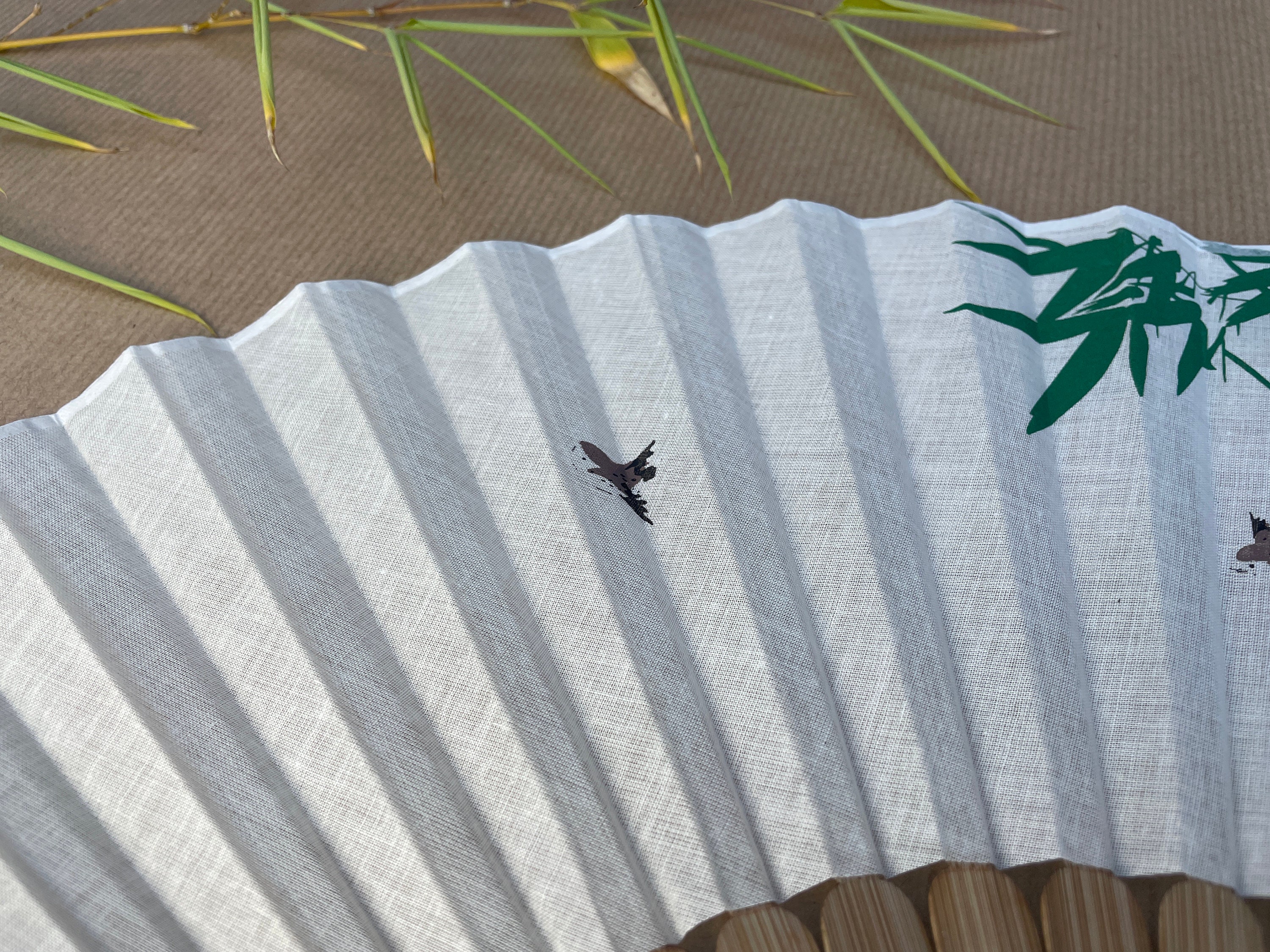 White Bamboo Leaf and Flying Bird Folding Hand Fan - view 3