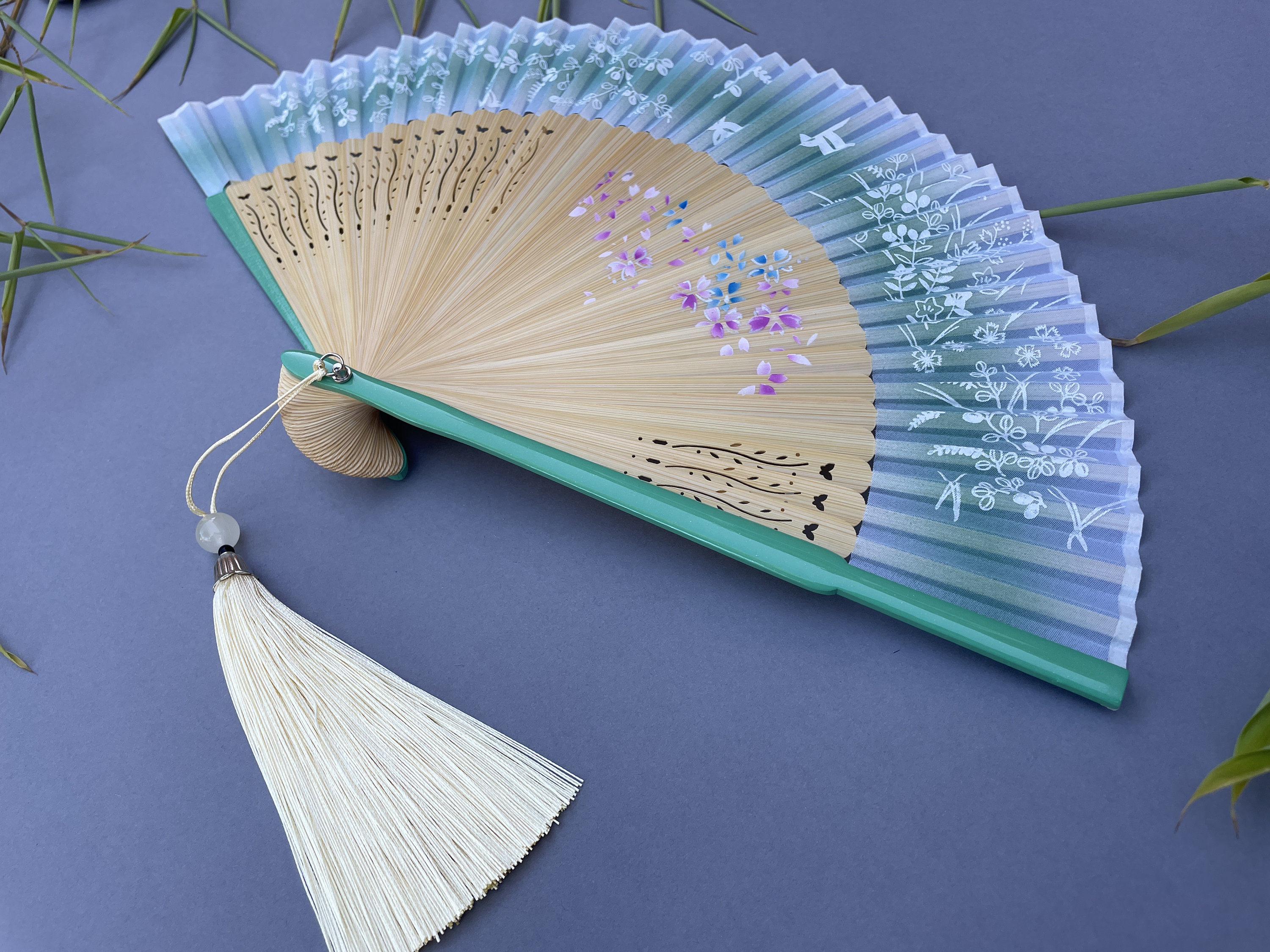 Blue Gradient White Floral Sprig and Butterfly Folding Hand Fan - view 6