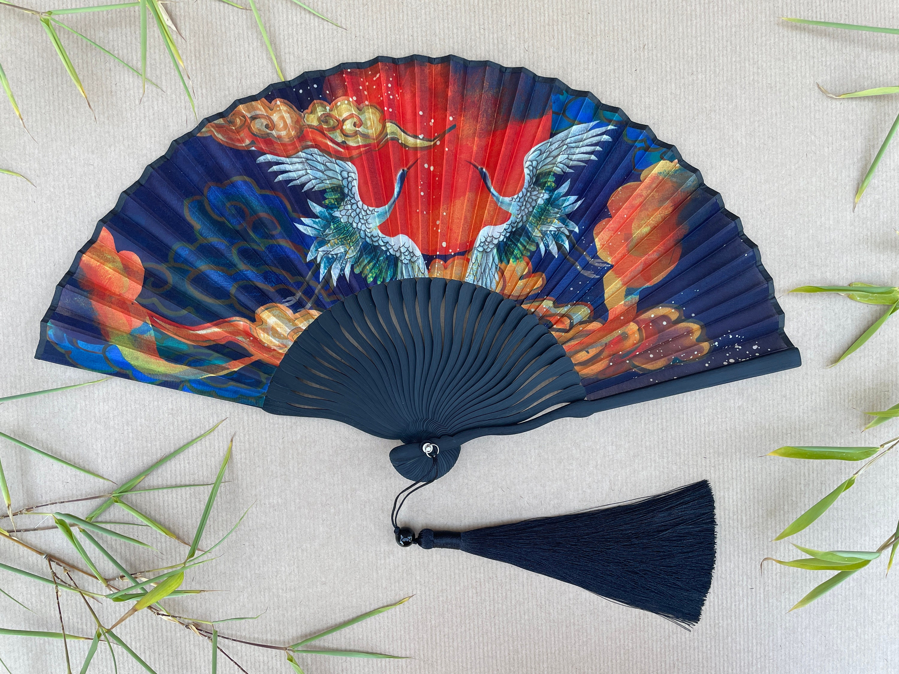 Blue Crane, Cloud, and Sunrise Print Folding Hand Fan - view 2