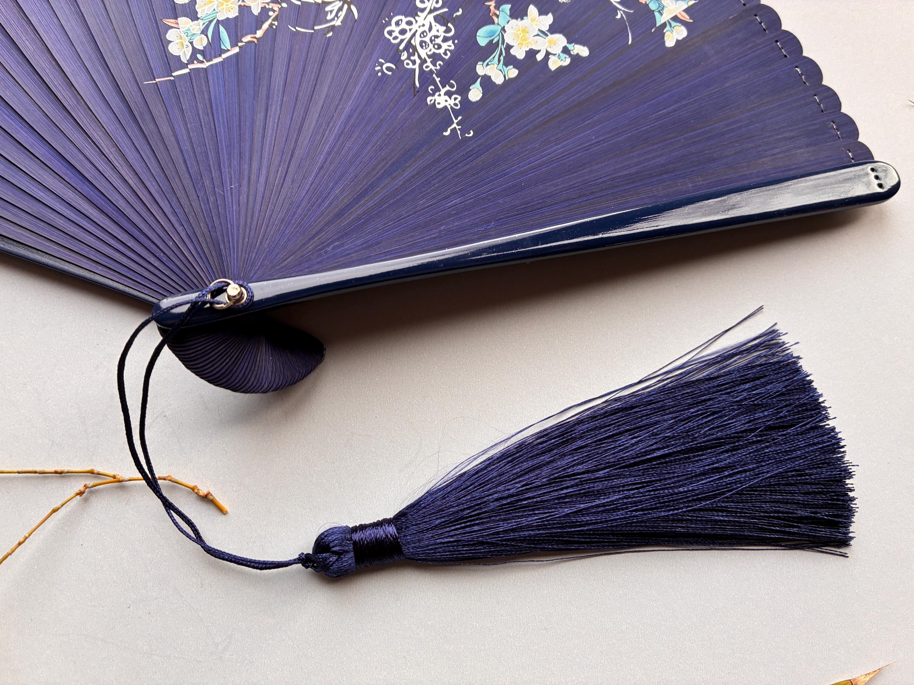 Deep Indigo White Blossom Branch and Bird Folding Hand Fan - view 7