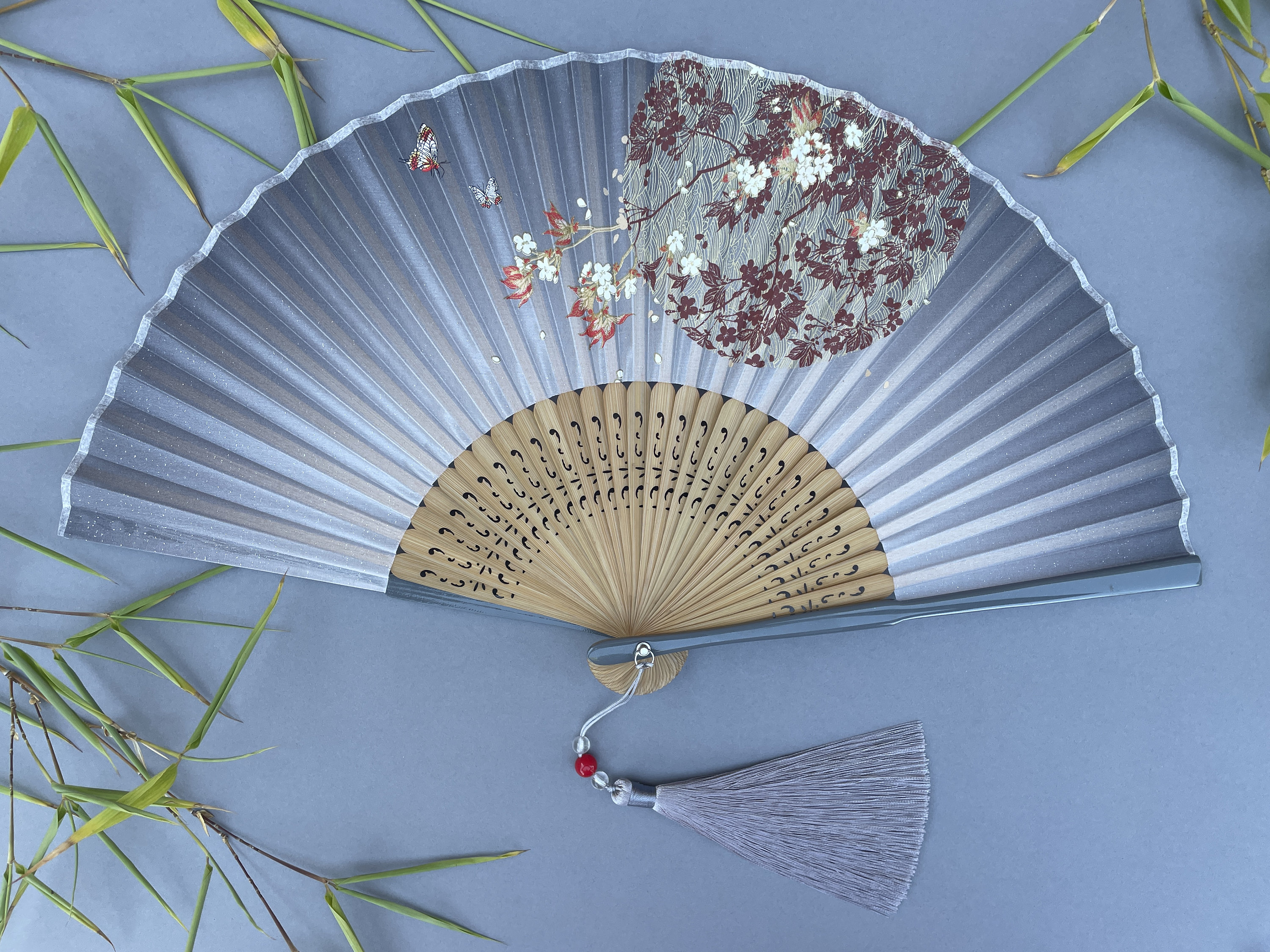Dusty Blue Burgundy Cherry Blossom Branch Folding Hand Fan - view 2