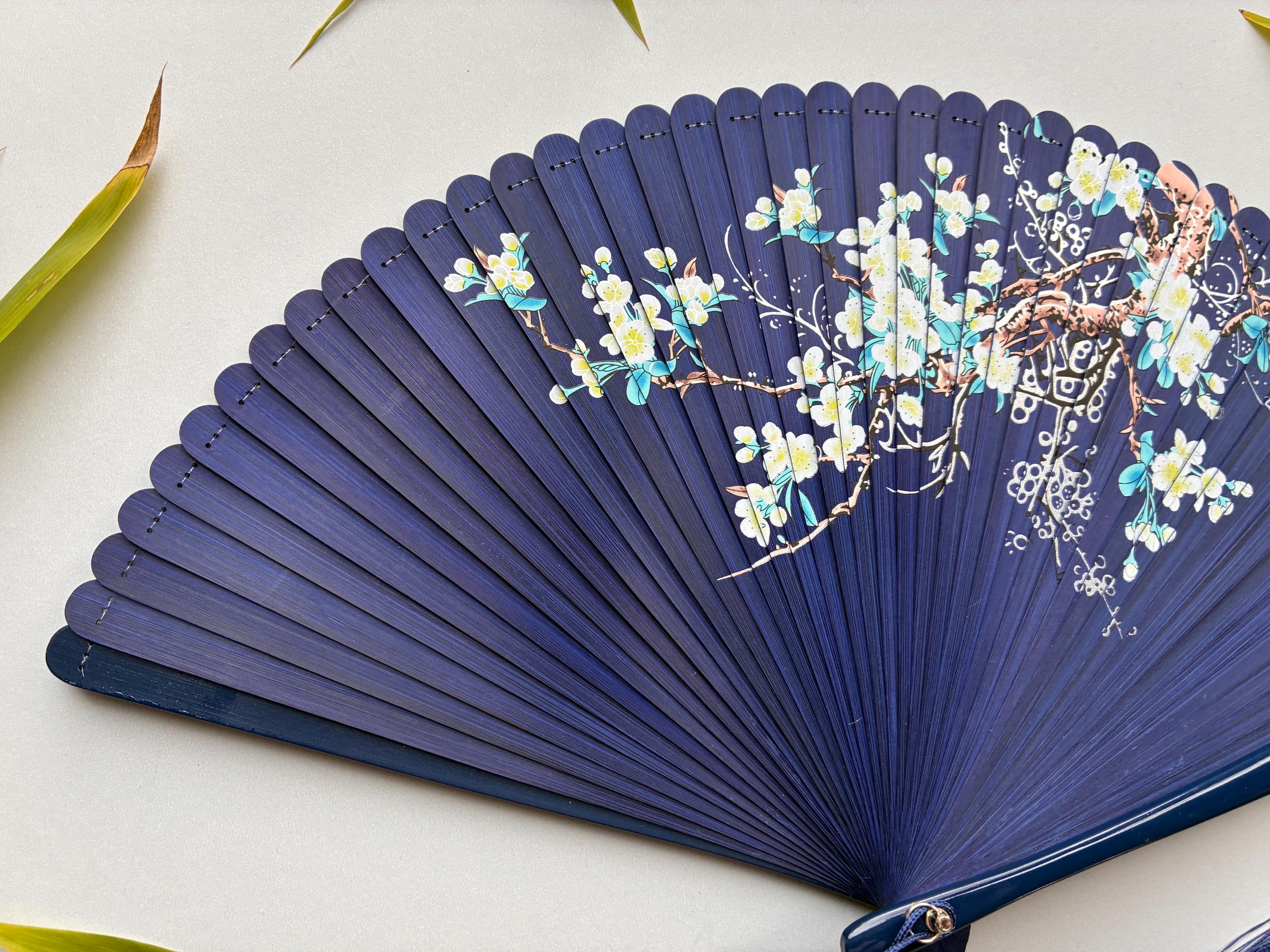 Deep Indigo White Blossom Branch and Bird Folding Hand Fan - view 3