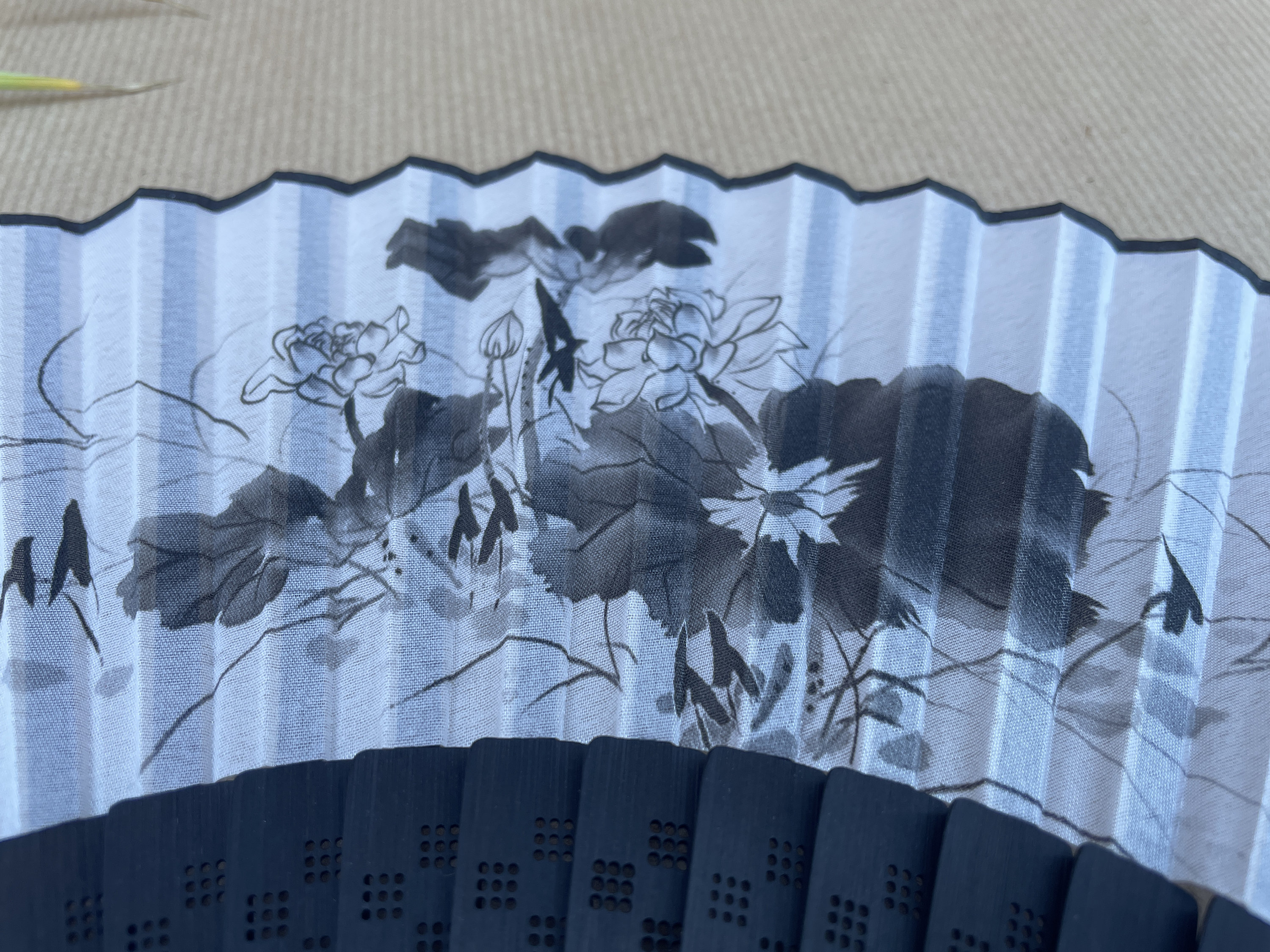 Black Ink Floral Bloom Folding Hand Fan - view 2