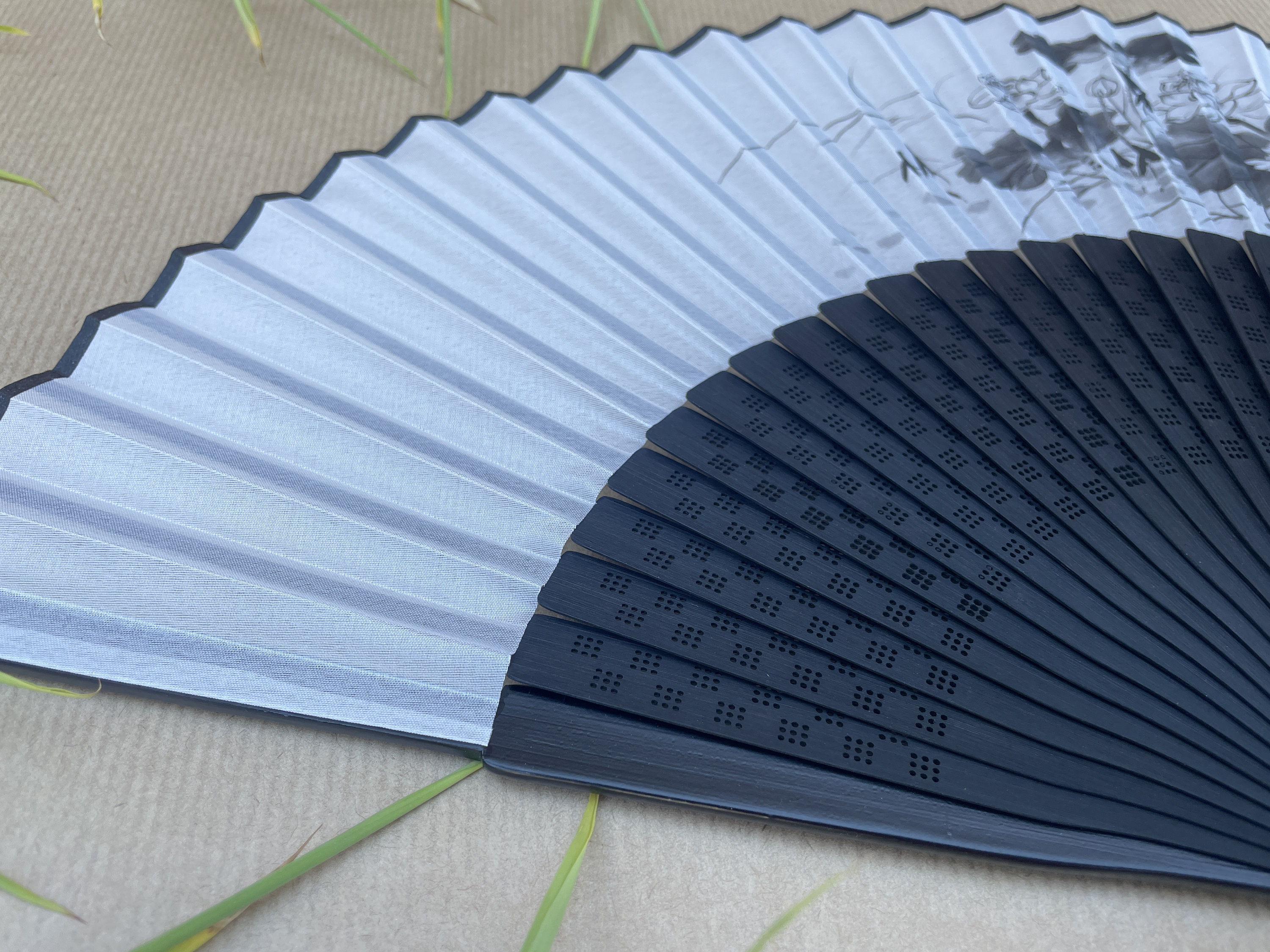 Black Ink Floral Bloom Folding Hand Fan - view 3