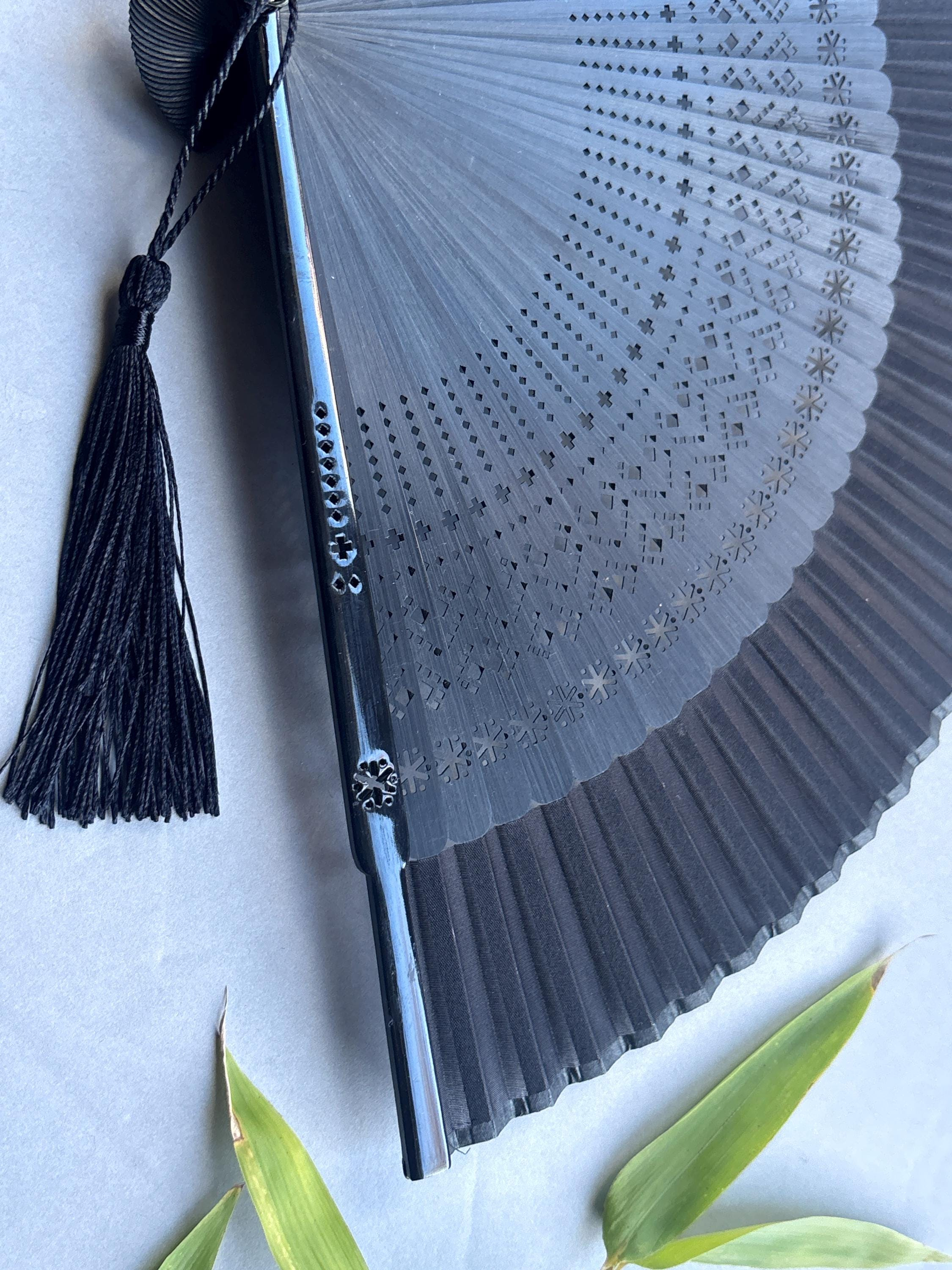 Midnight Blue Floral Cutout Pattern Folding Hand Fan - view 4