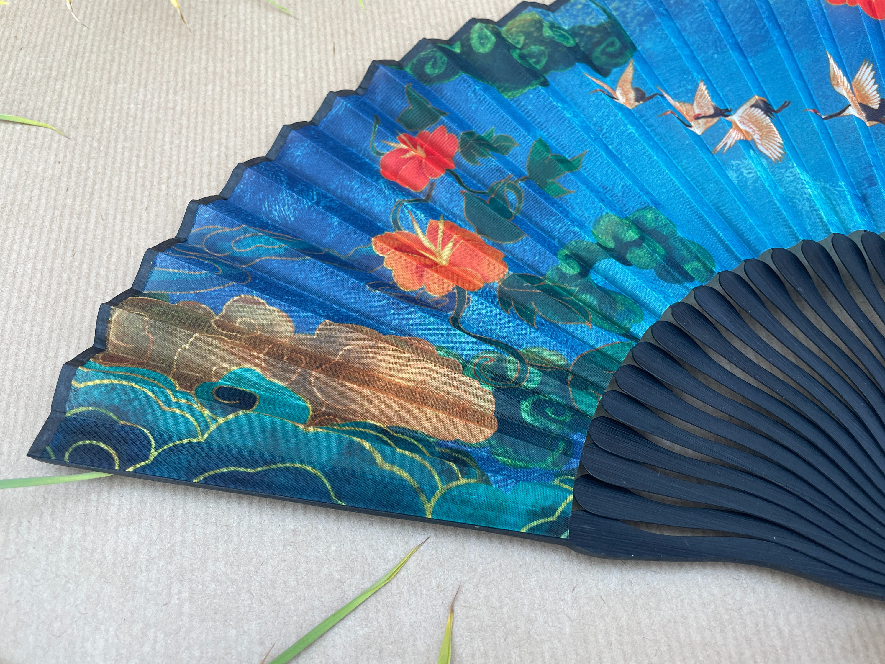 Blue Flying Crane, Red Floral, and Cloud Pattern Folding Hand Fan - view 3