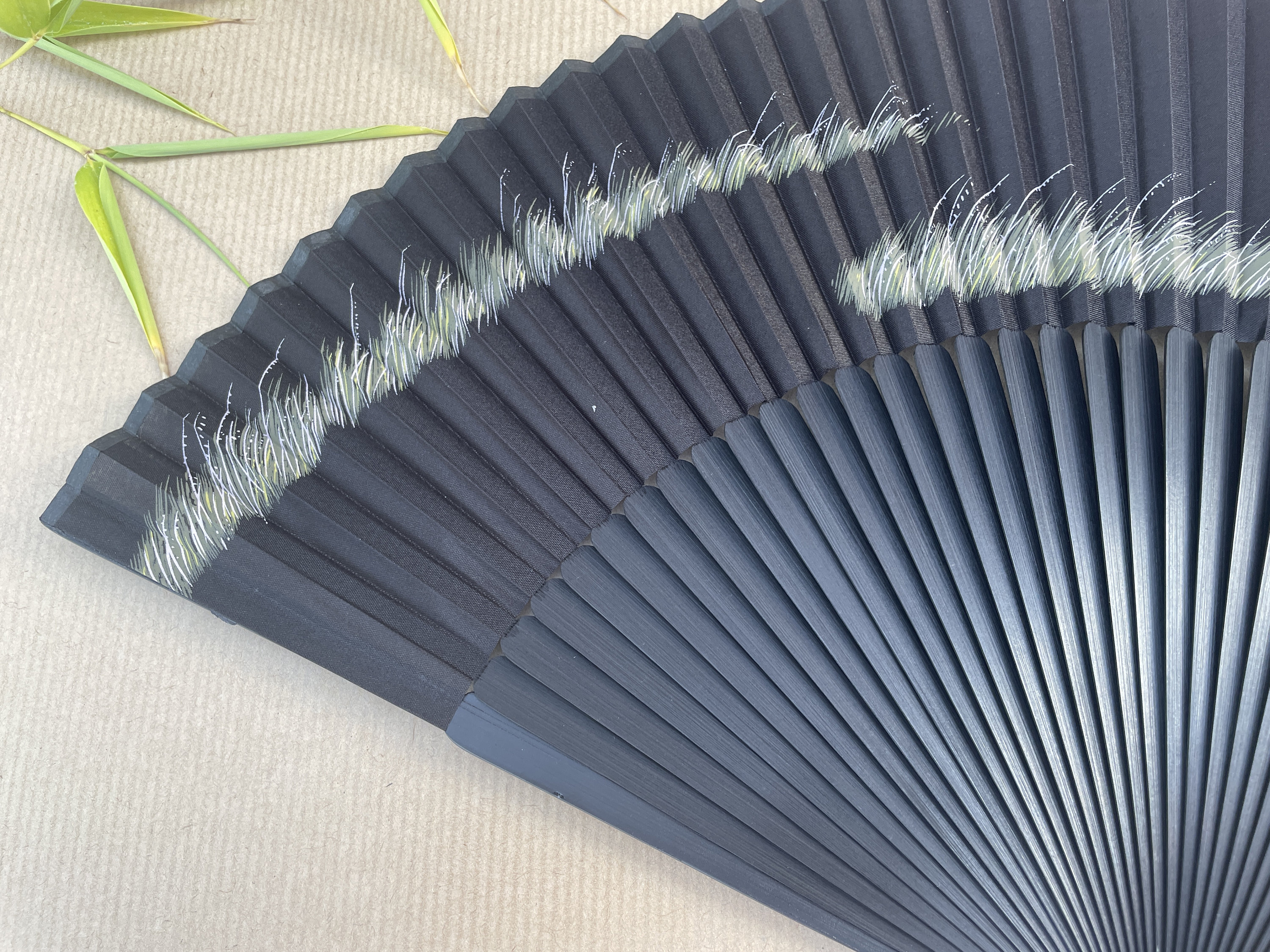 Midnight Black Silver Feather Grass Folding Hand Fan - view 3
