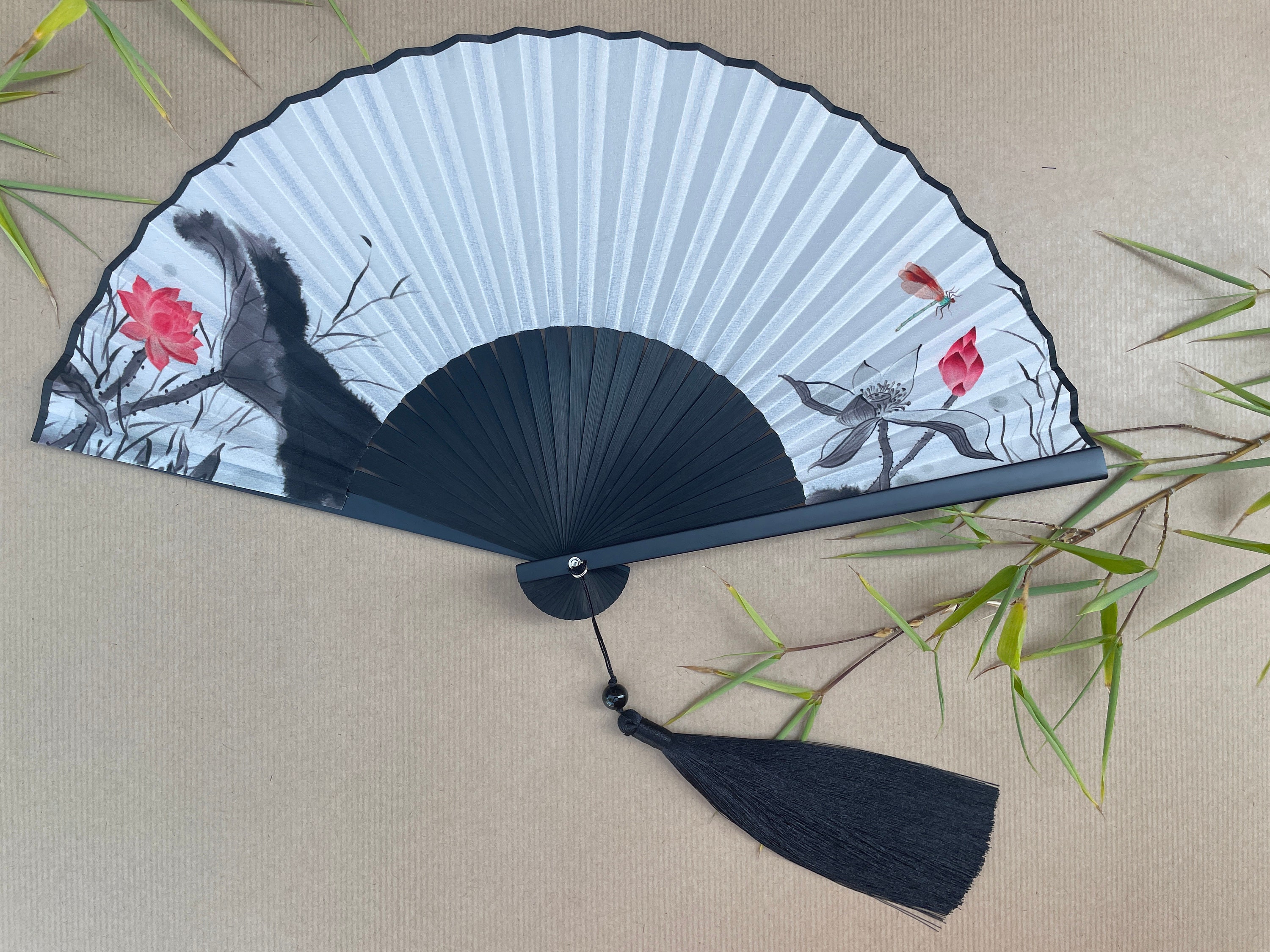 Ink Wash Lotus Blossom and Branch Folding Hand Fan - view 2
