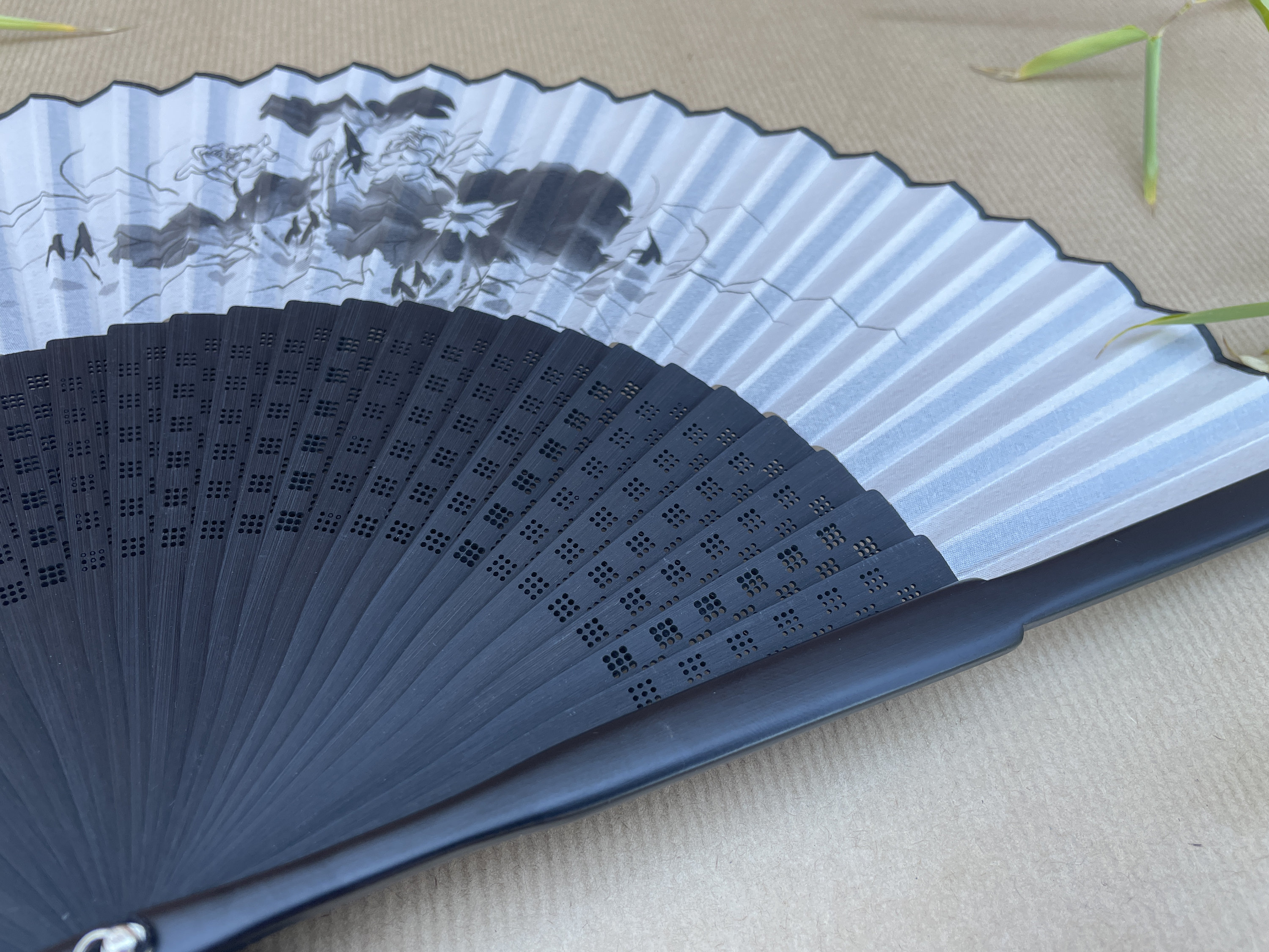 Black Ink Floral Bloom Folding Hand Fan - view 4