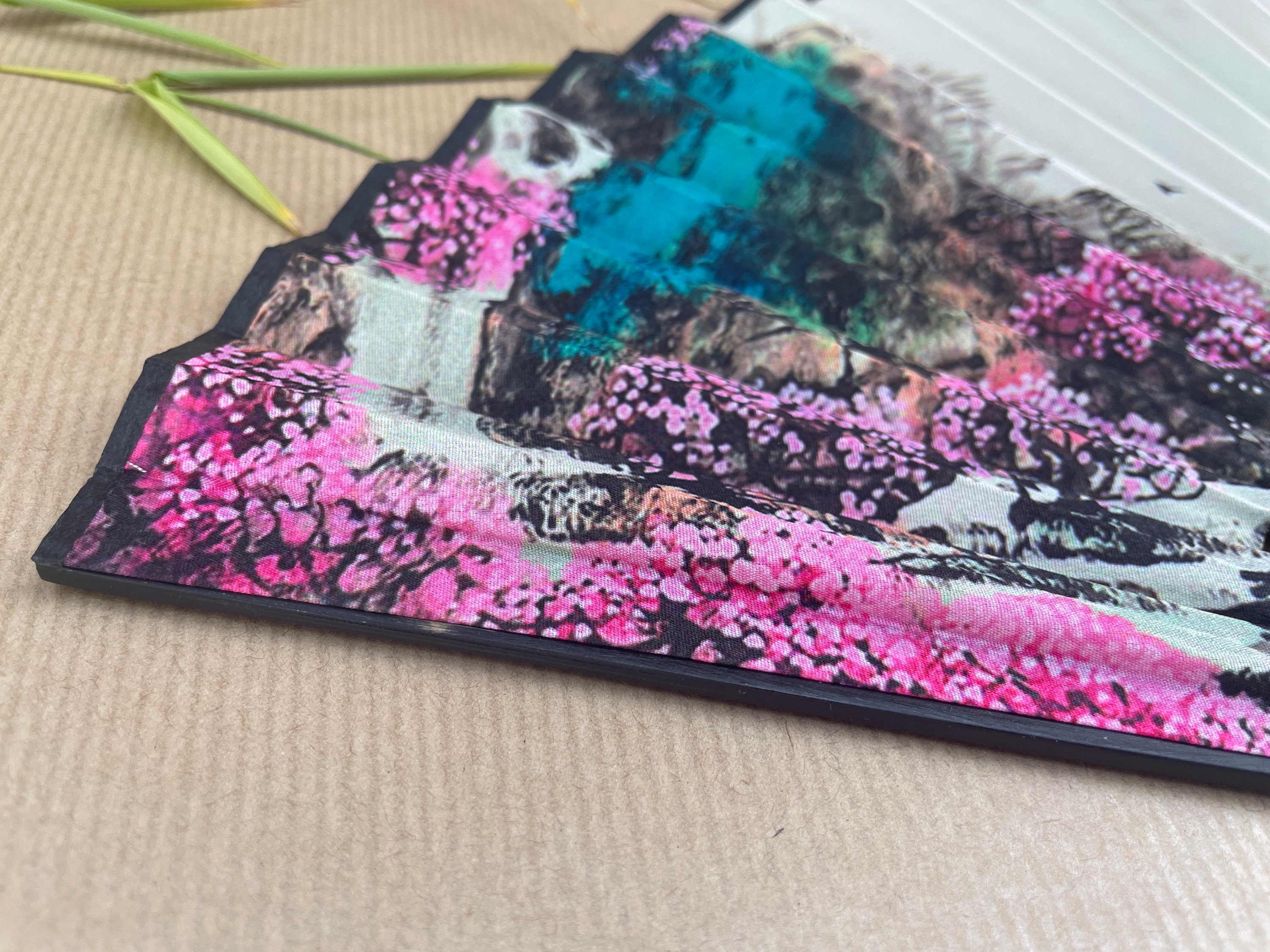 Turquoise Mountain and Pink Blossom Landscape Folding Hand Fan - view 2