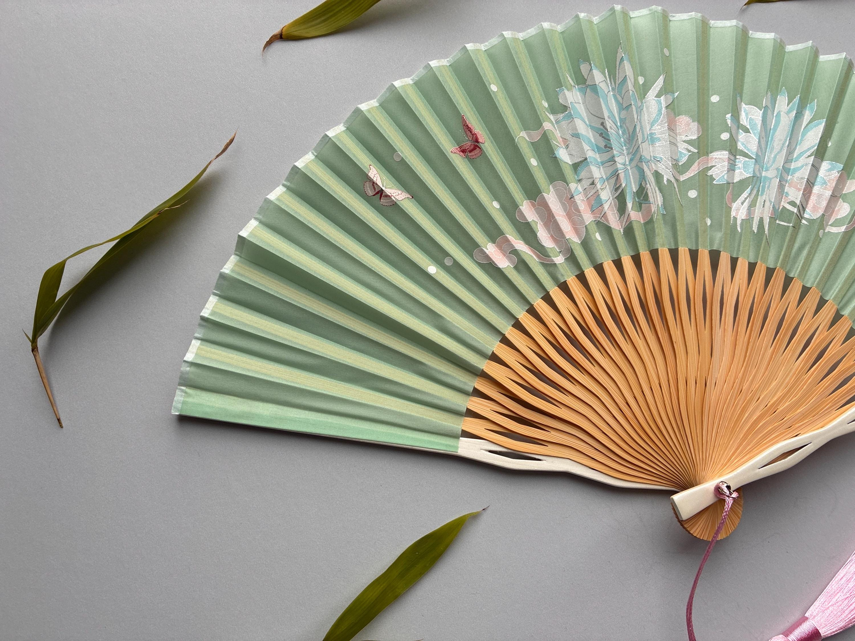 Mint Green White Floral Bloom and Butterfly Folding Hand Fan - view 4