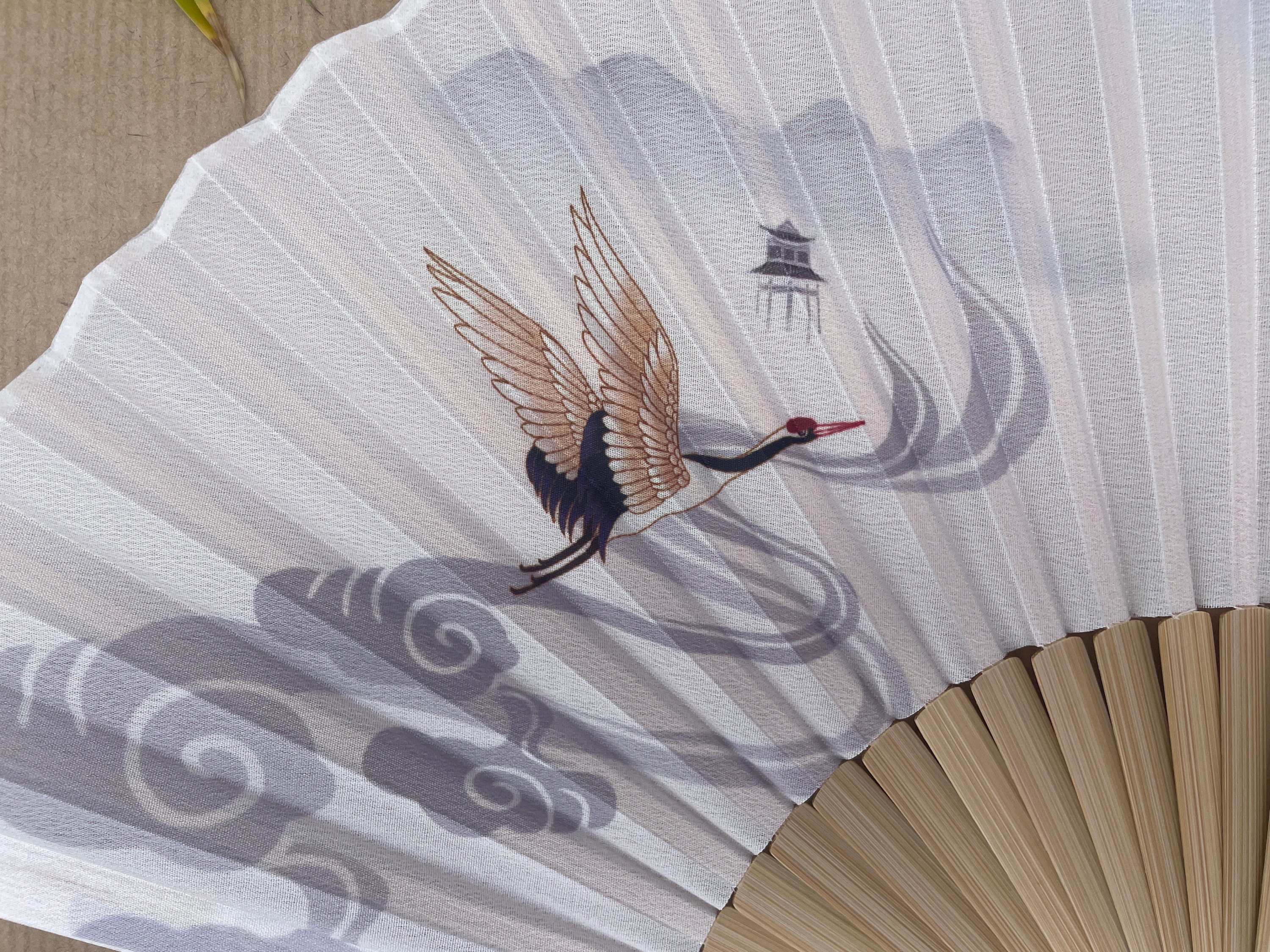 Flying Crane and Cloud Print Folding Hand Fan - view 4