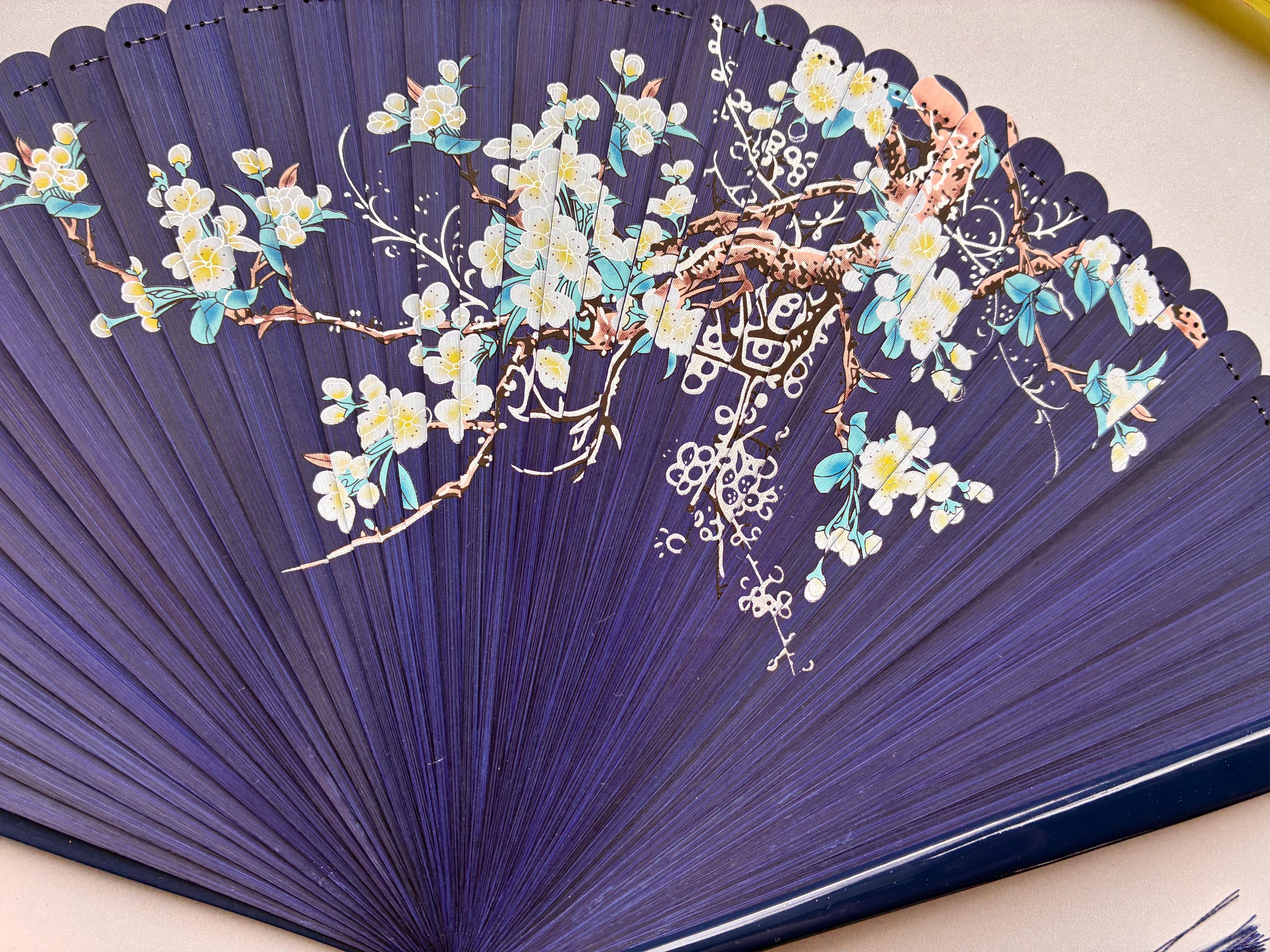 Deep Indigo White Blossom Branch and Bird Folding Hand Fan - view 2