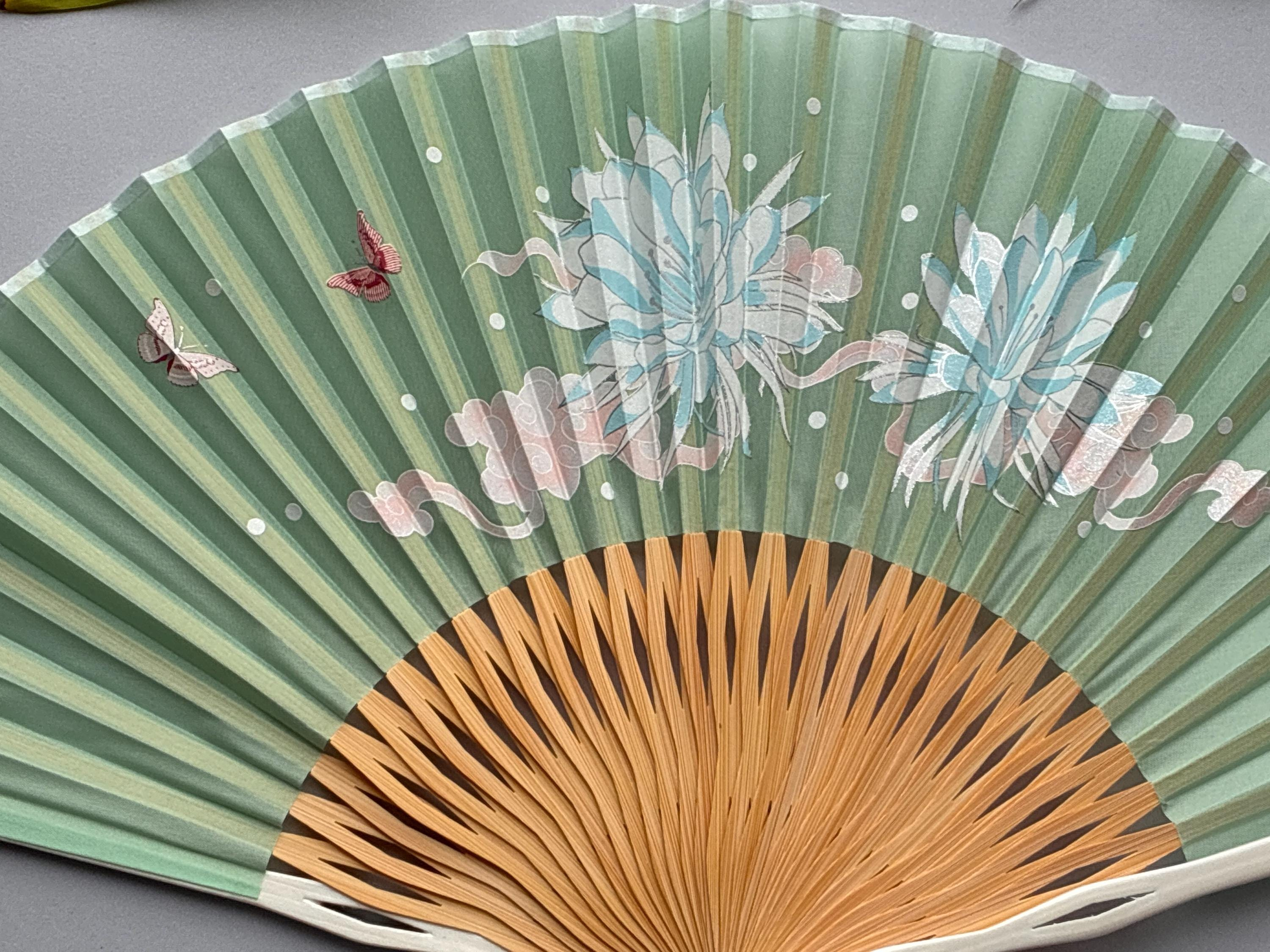 Mint Green White Floral Bloom and Butterfly Folding Hand Fan - view 5