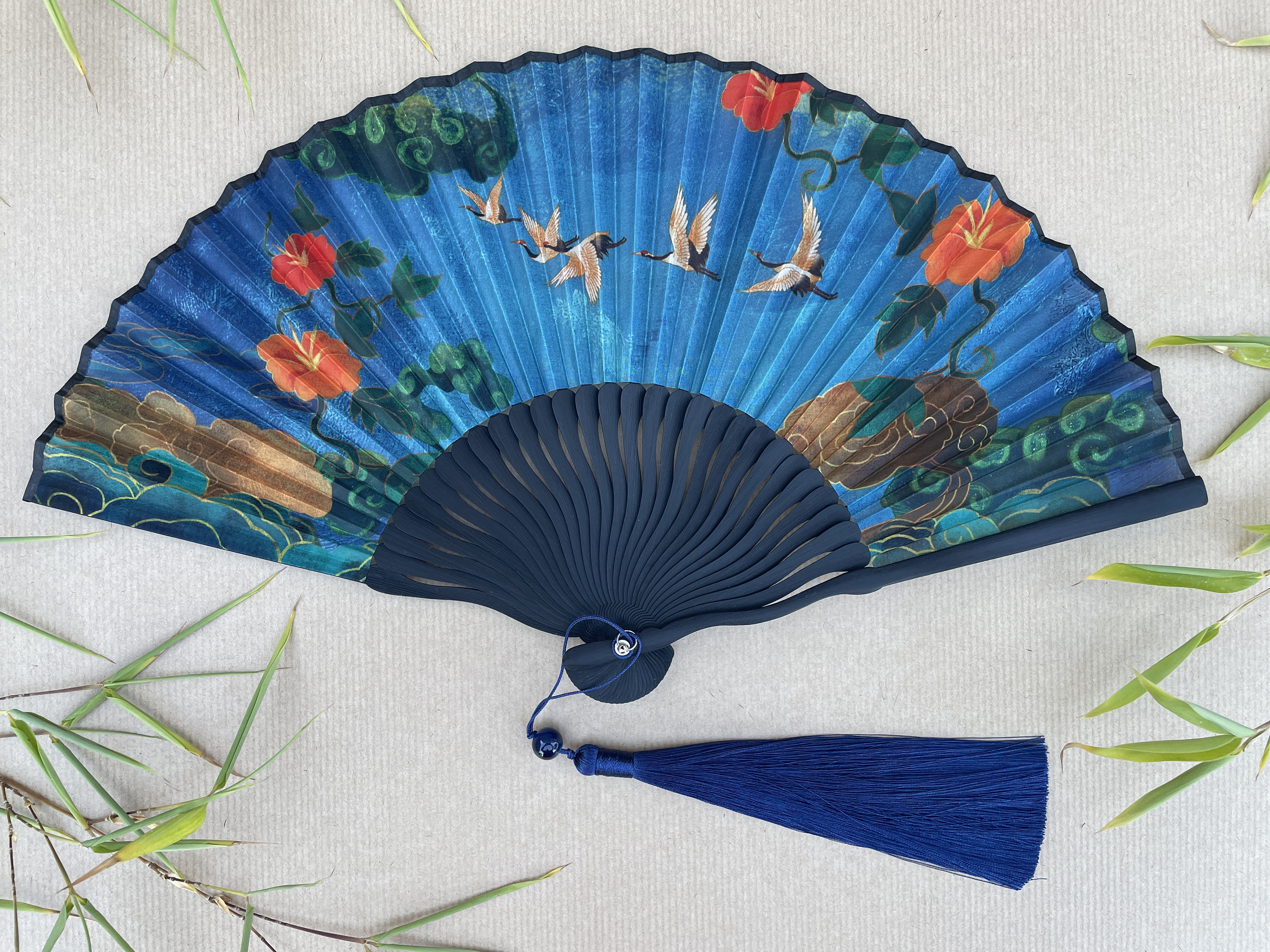 Blue Flying Crane, Red Floral, and Cloud Pattern Folding Hand Fan - view 2