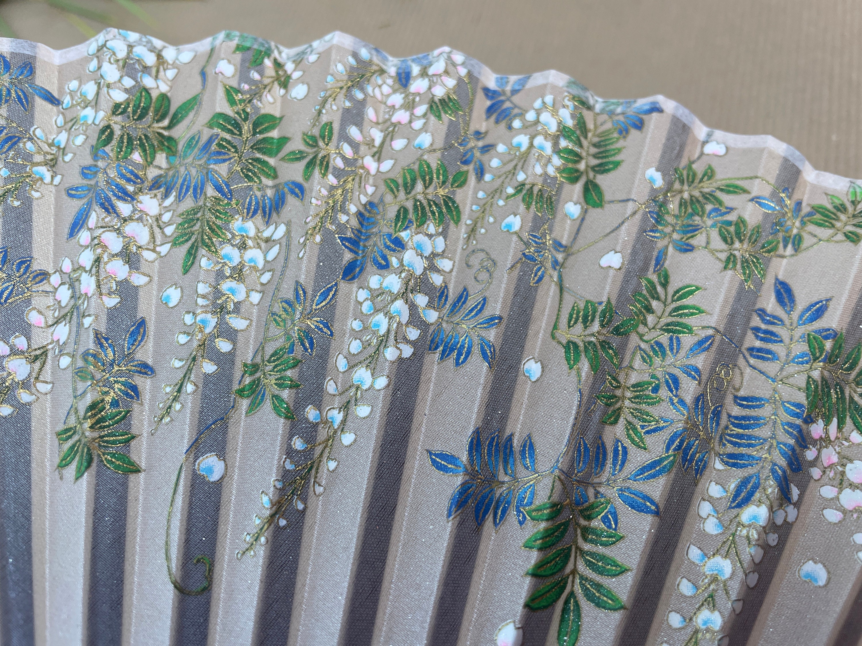 Blue Wisteria Blossom and Butterfly Print Folding Hand Fan - view 4