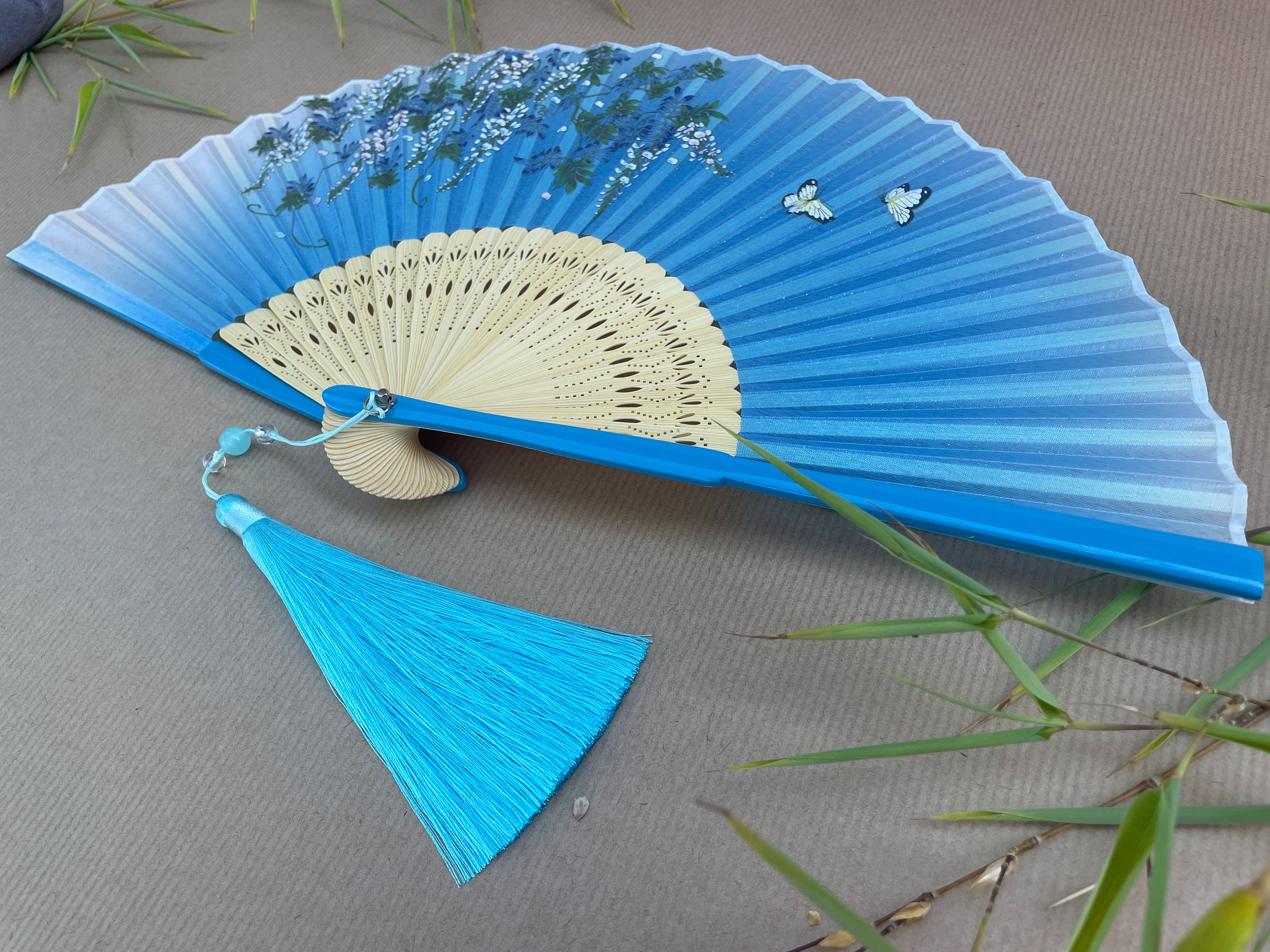 Blue Wisteria Spray and Butterfly Folding Hand Fan - view 4
