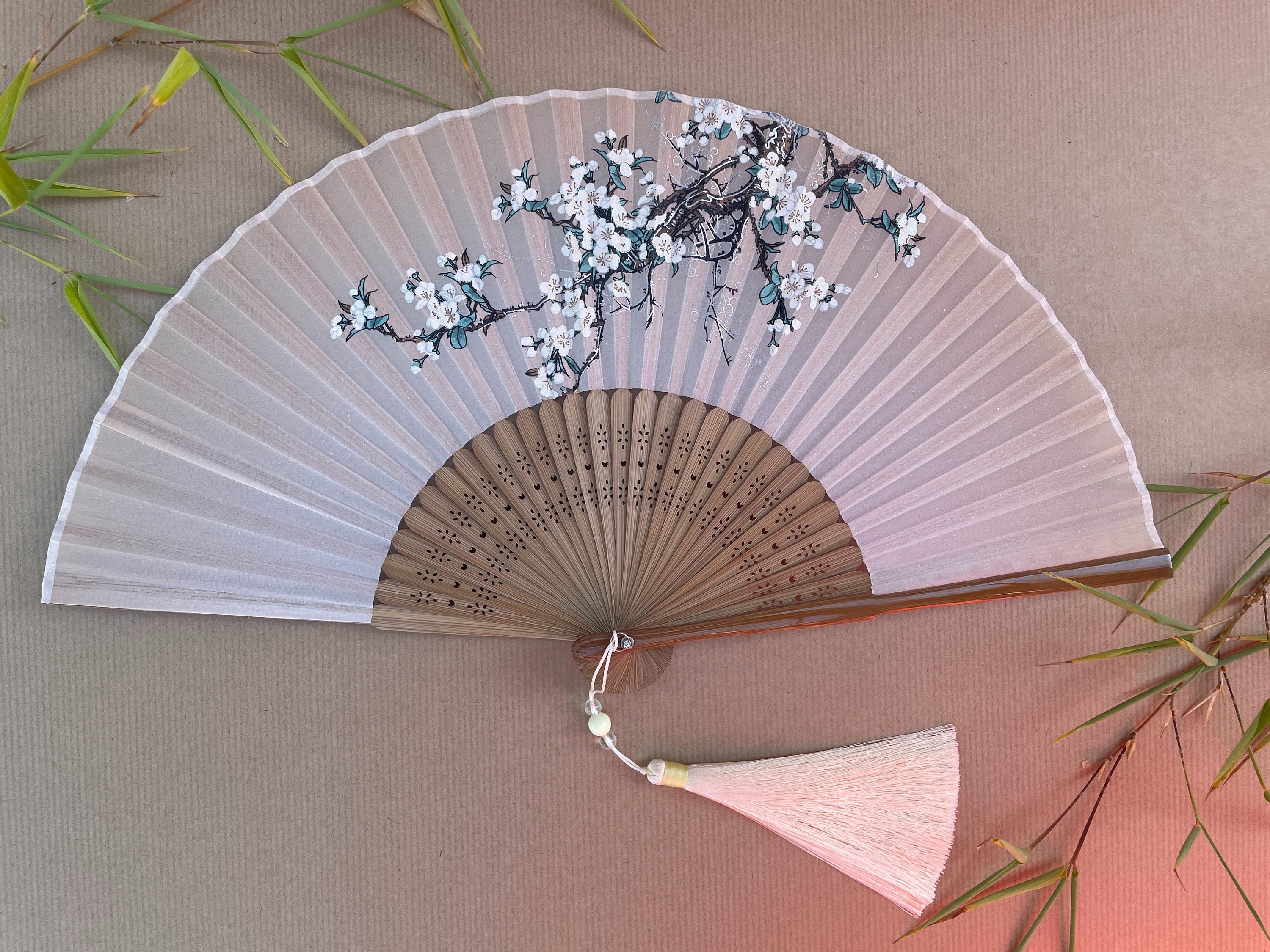 Blush Pink White Plum Blossom Branch Folding Hand Fan - view 2