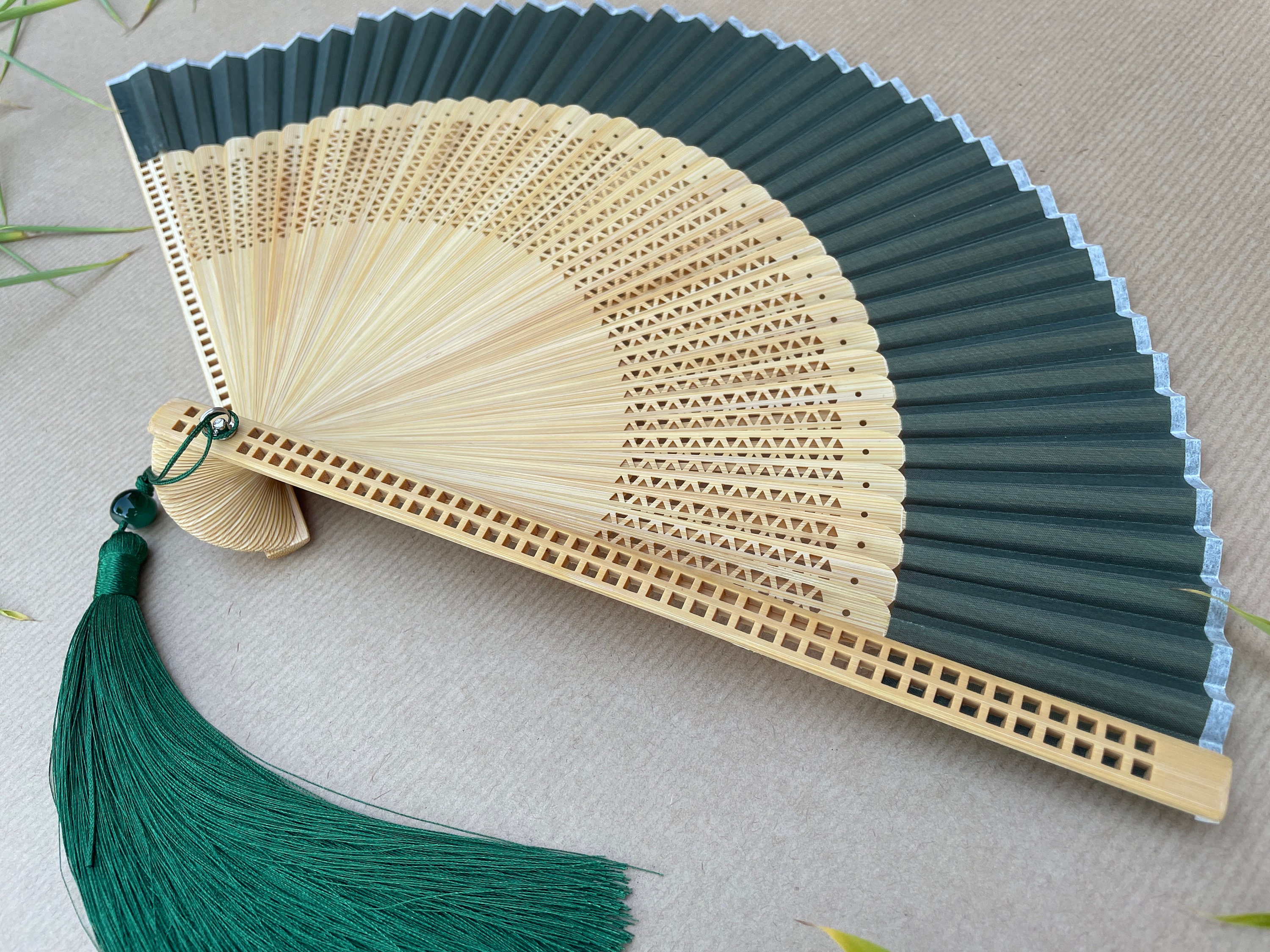 Deep Green Openwork Carved Pattern Folding Hand Fan - view 2