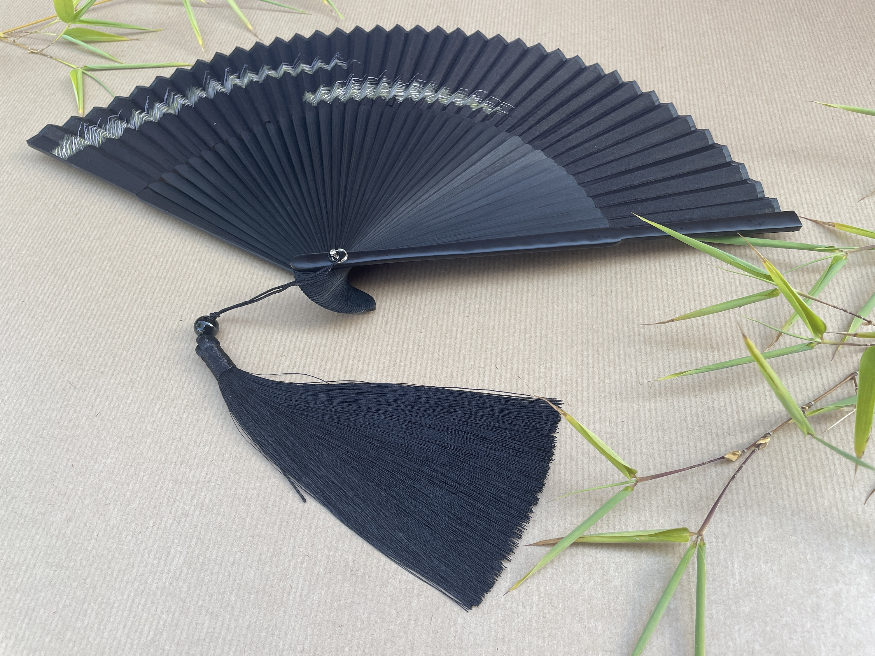 Midnight Black Silver Feather Grass Folding Hand Fan - view 2
