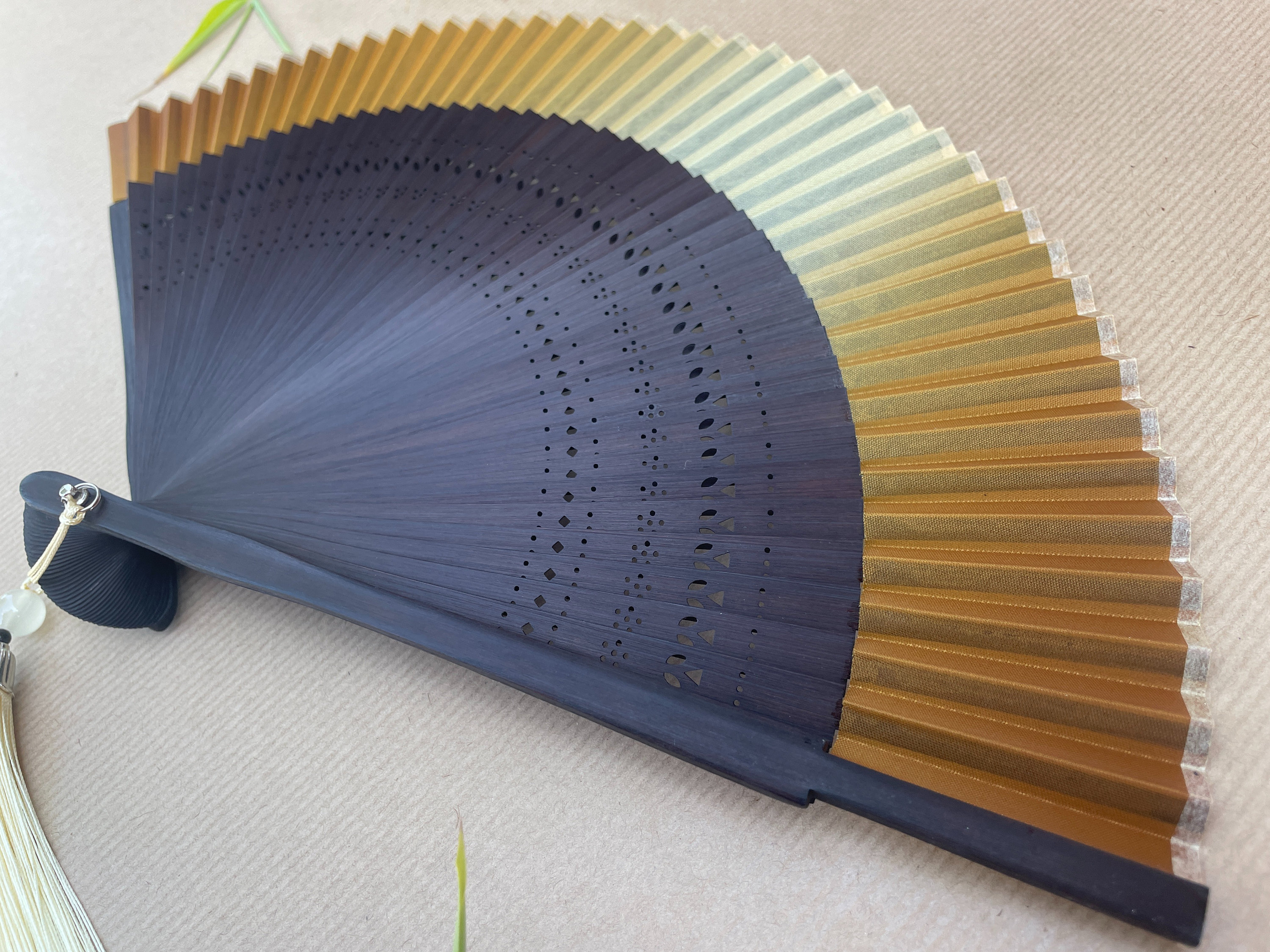 Champagne Gold and Midnight Blue Ombre Folding Hand Fan - view 3