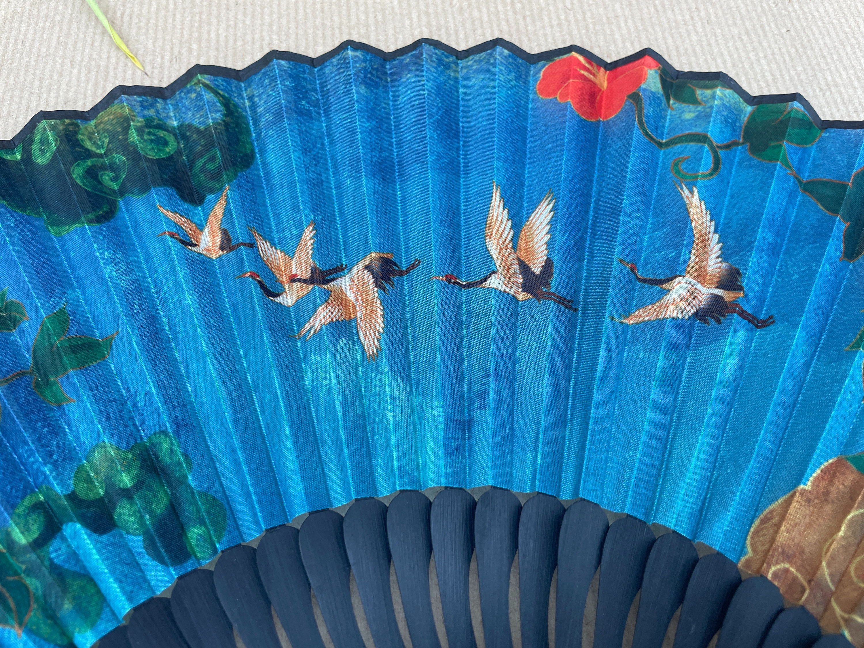 Blue Flying Crane, Red Floral, and Cloud Pattern Folding Hand Fan - view 4