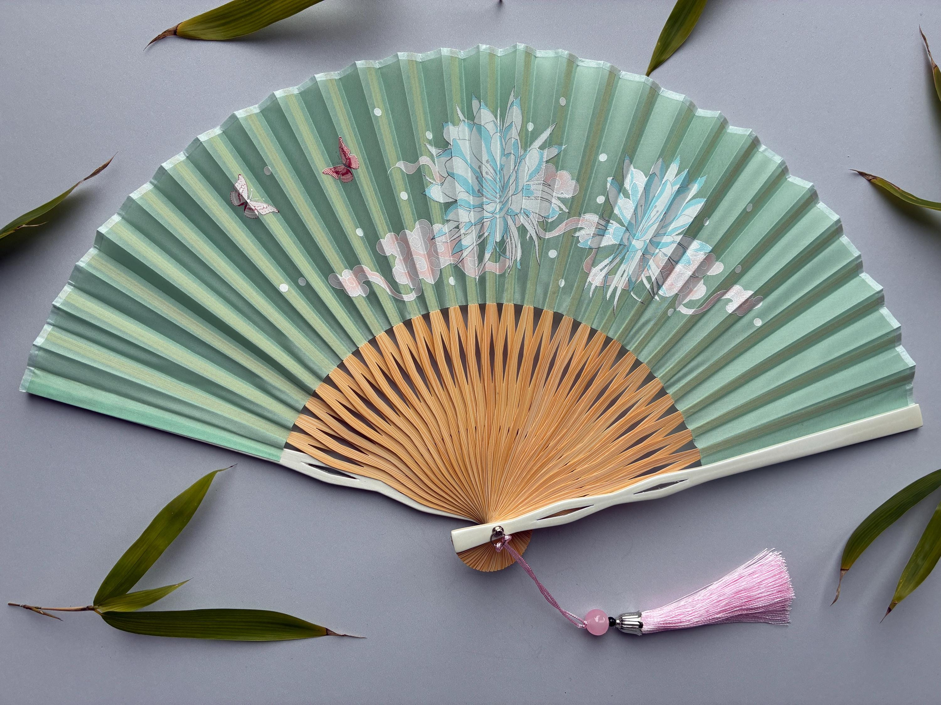 Mint Green White Floral Bloom and Butterfly Folding Hand Fan - view 2