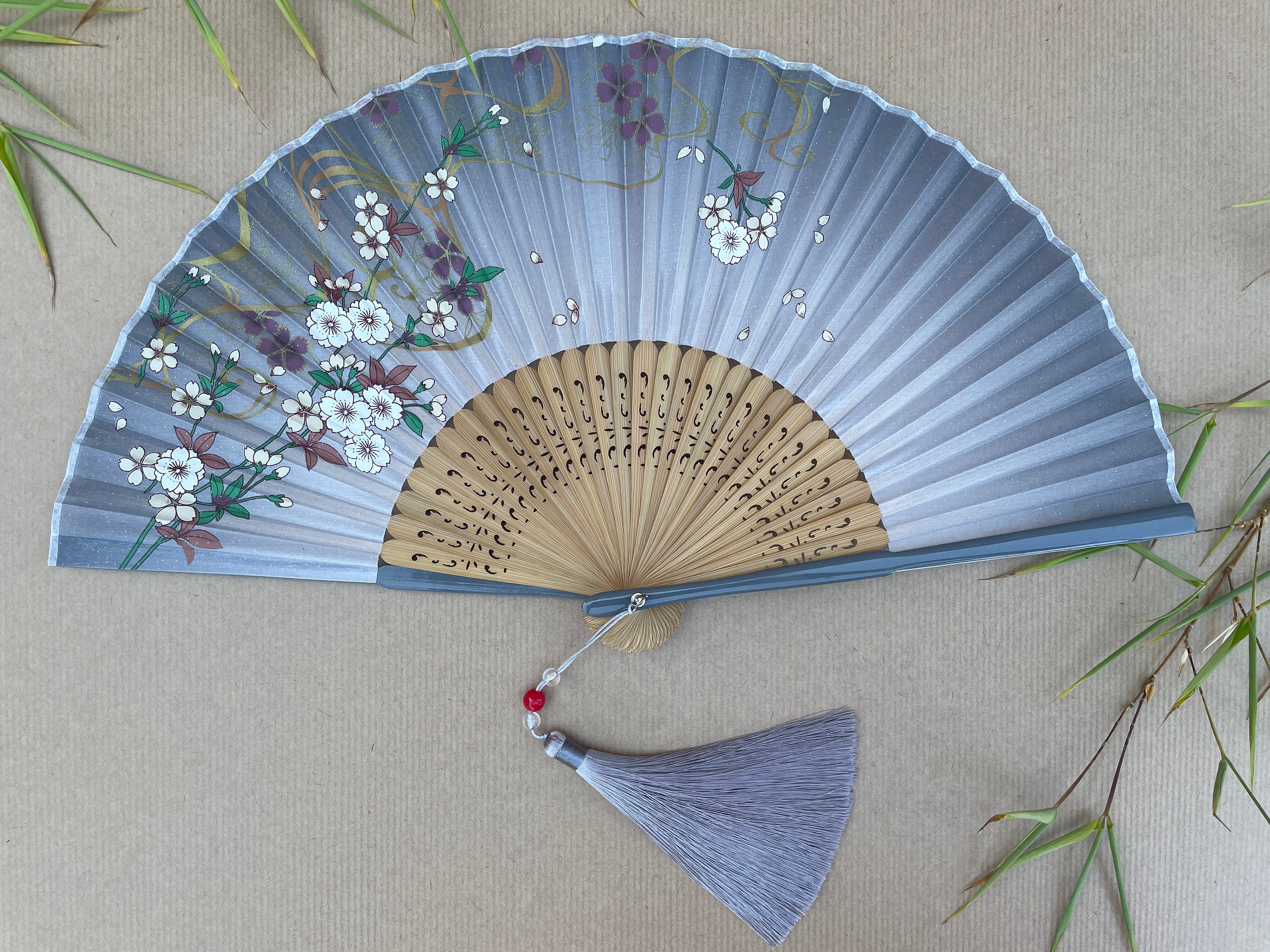 White Blossom Branch Print Folding Hand Fan - view 2