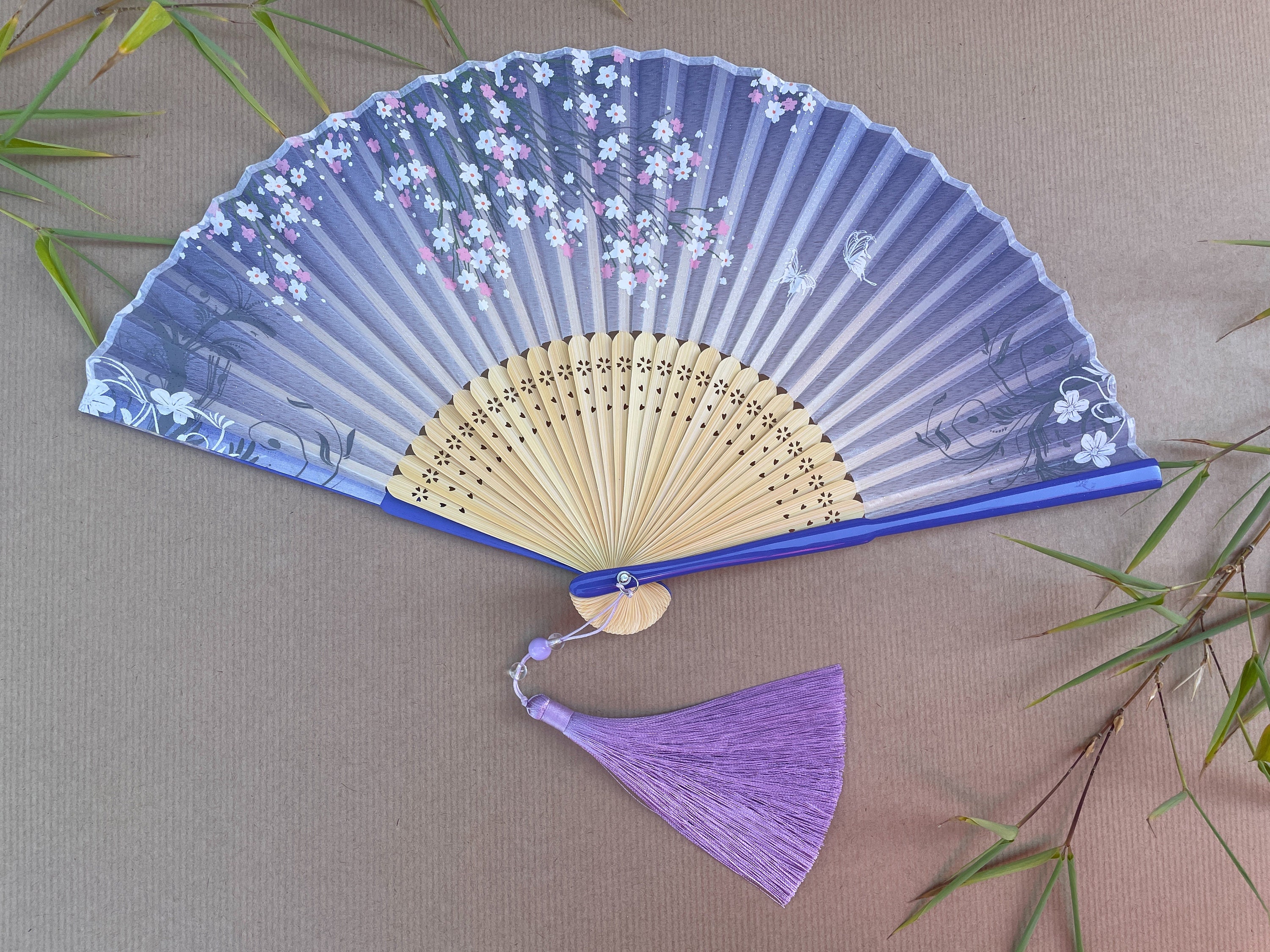 Lavender Cherry Blossom and Petal Print Folding Hand Fan - view 2