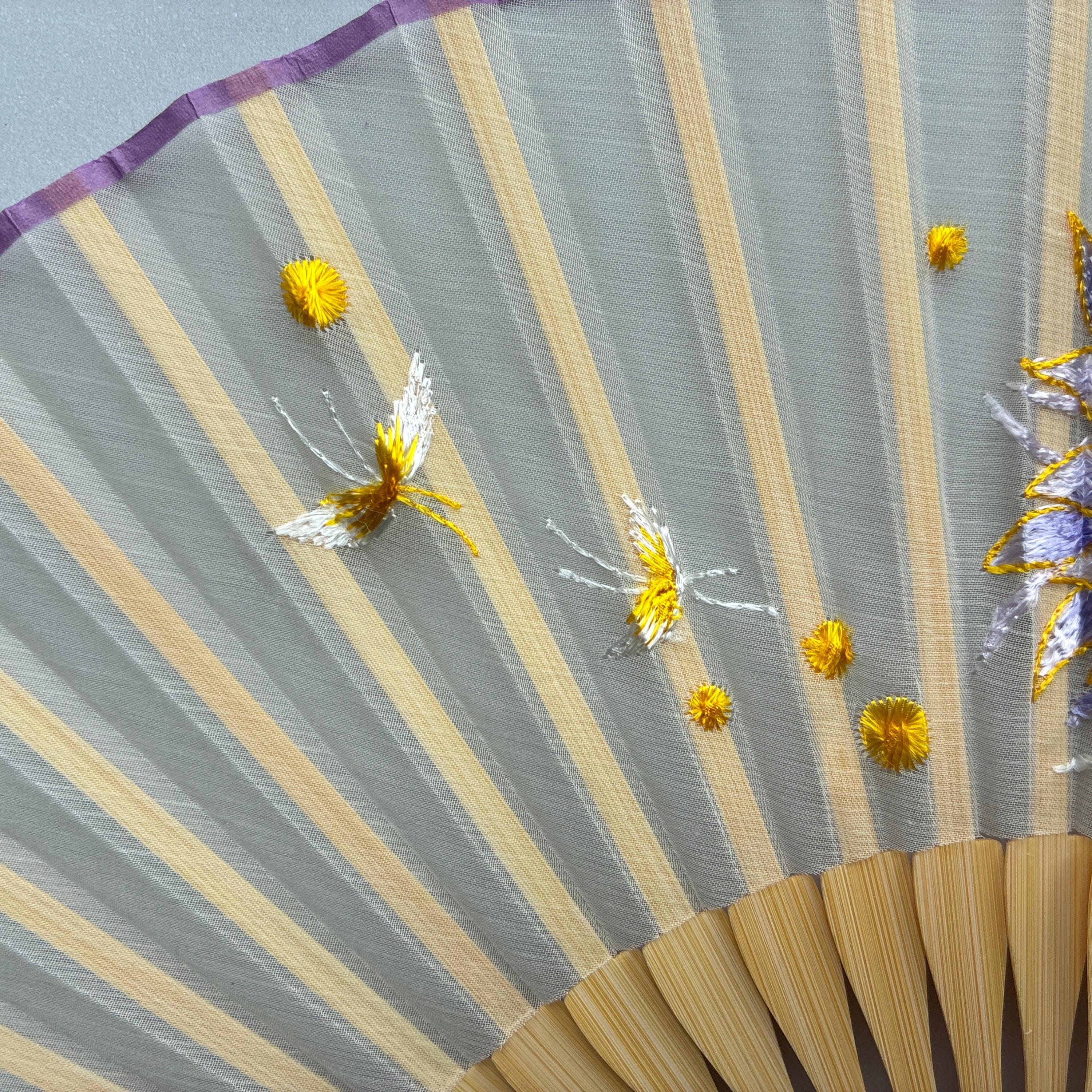 Purple Embroidered Floral Bloom Sheer Folding Hand Fan - view 4