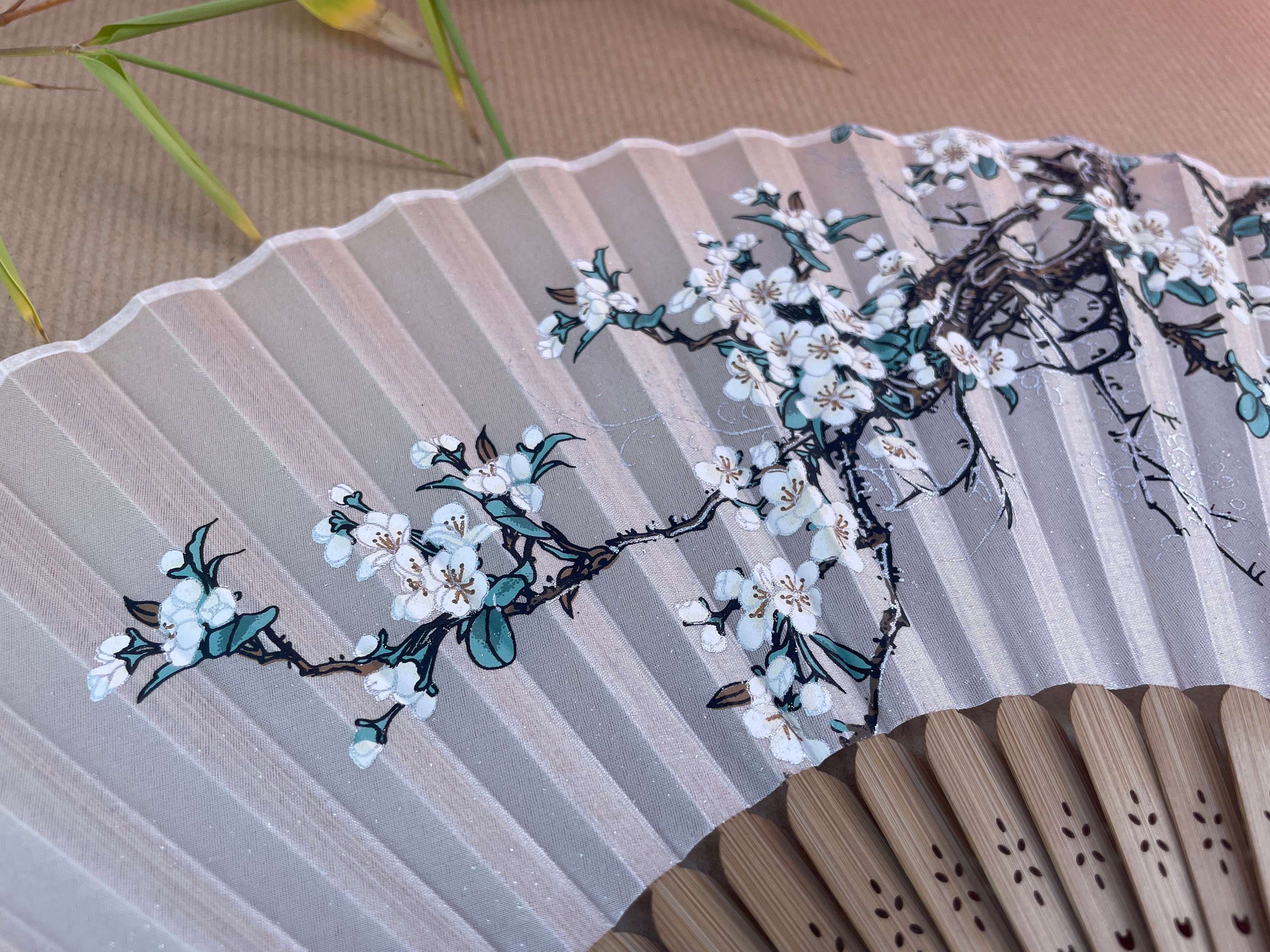 Blush Pink White Plum Blossom Branch Folding Hand Fan - view 4