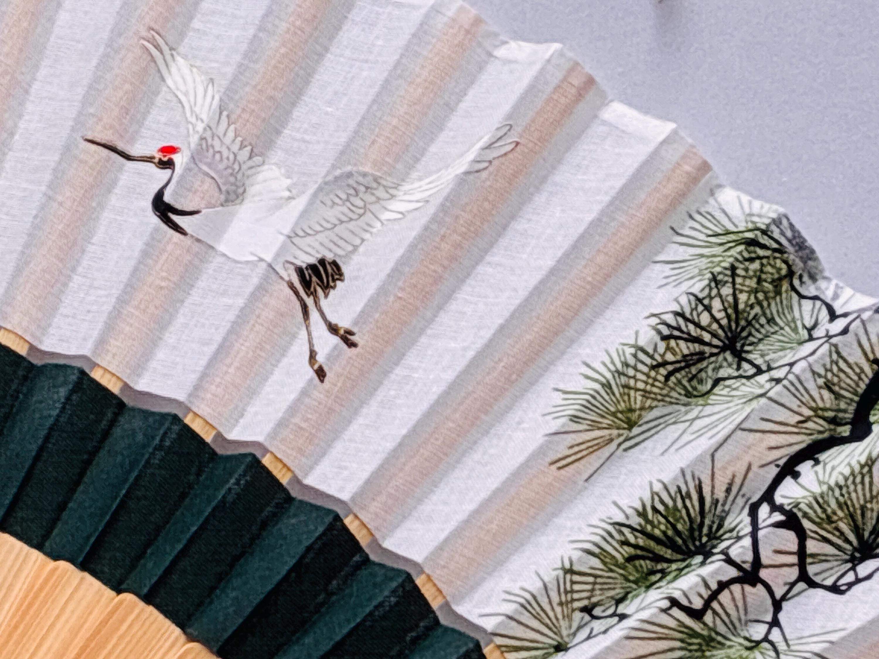 White Crane and Pine Branch Print Folding Hand Fan - view 3