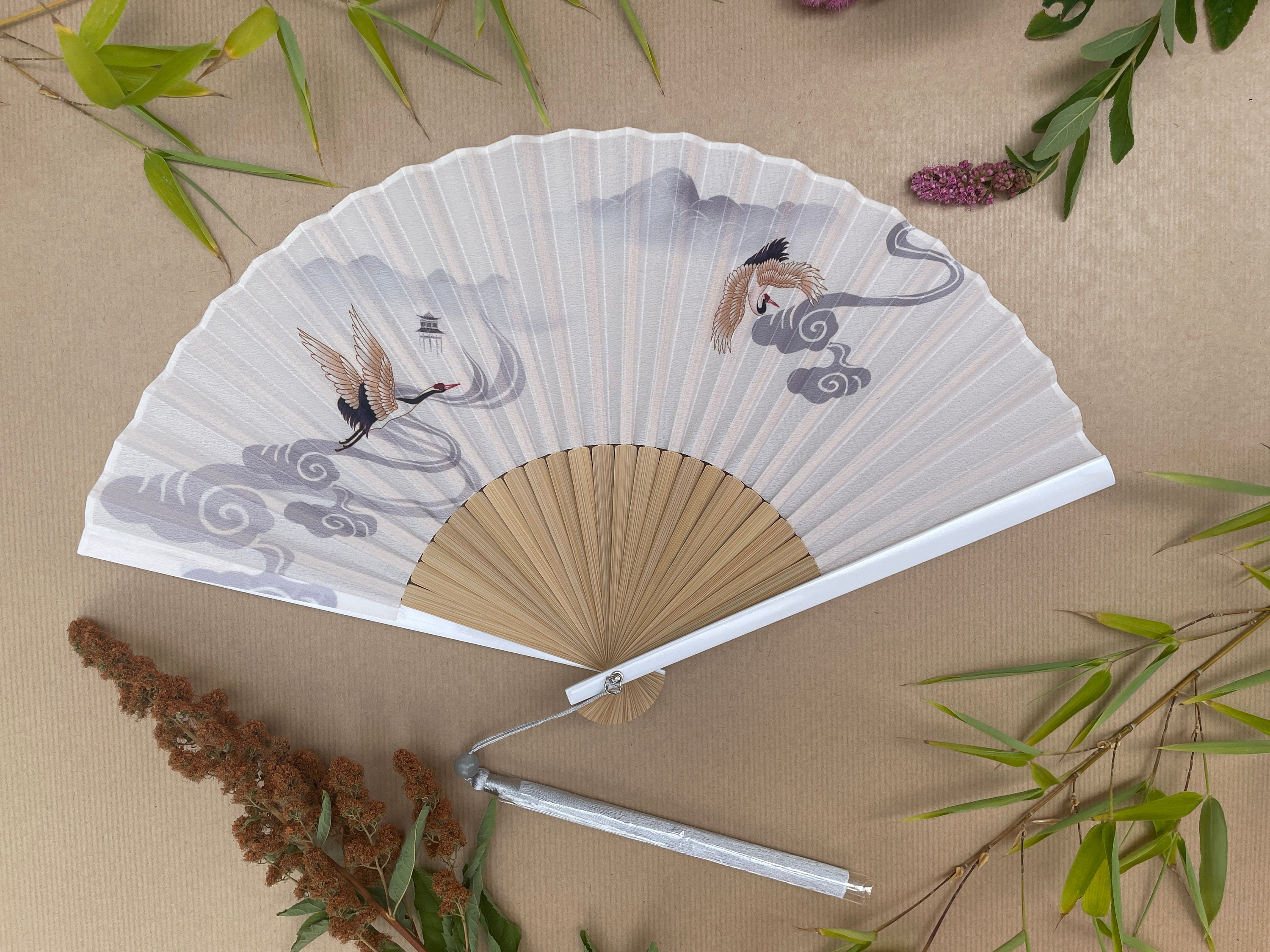 Flying Crane and Cloud Print Folding Hand Fan - view 2