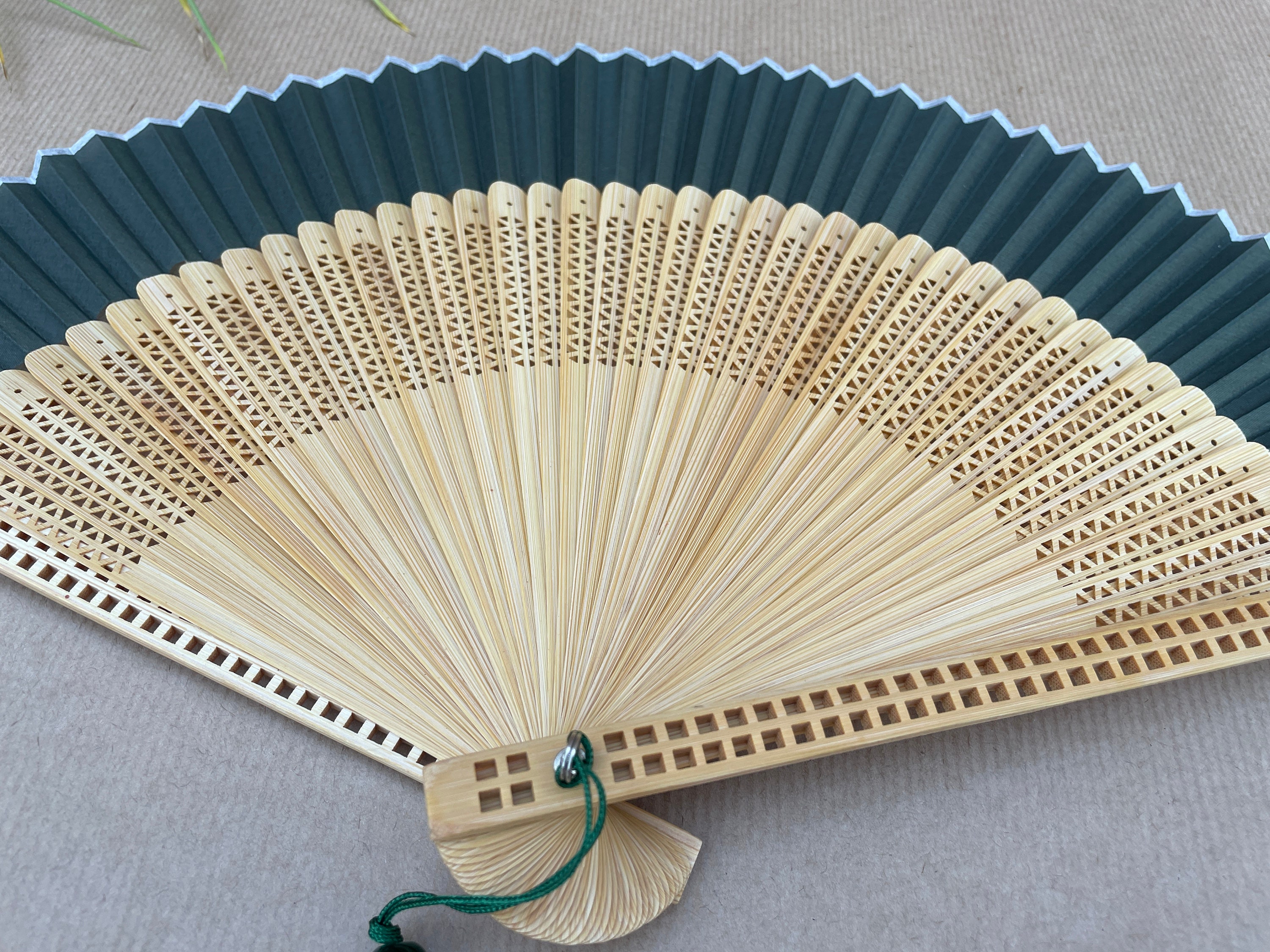 Deep Green Openwork Carved Pattern Folding Hand Fan - view 6