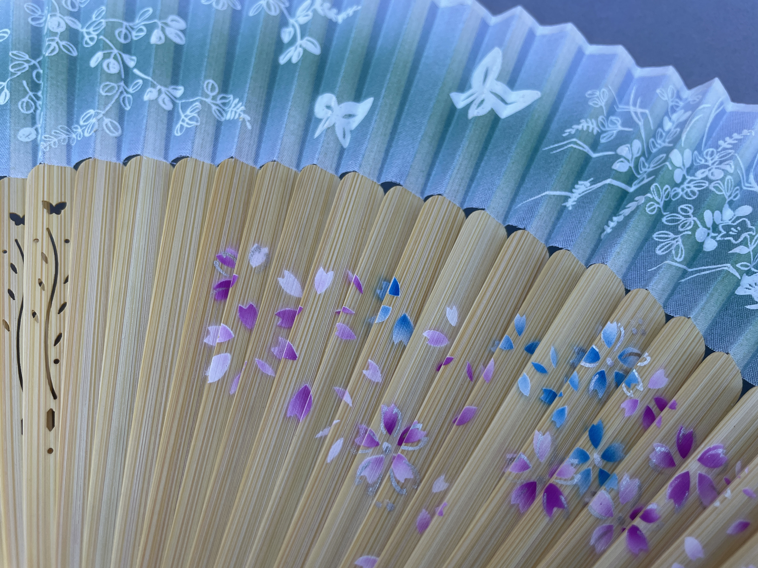 Blue Gradient White Floral Sprig and Butterfly Folding Hand Fan - view 3