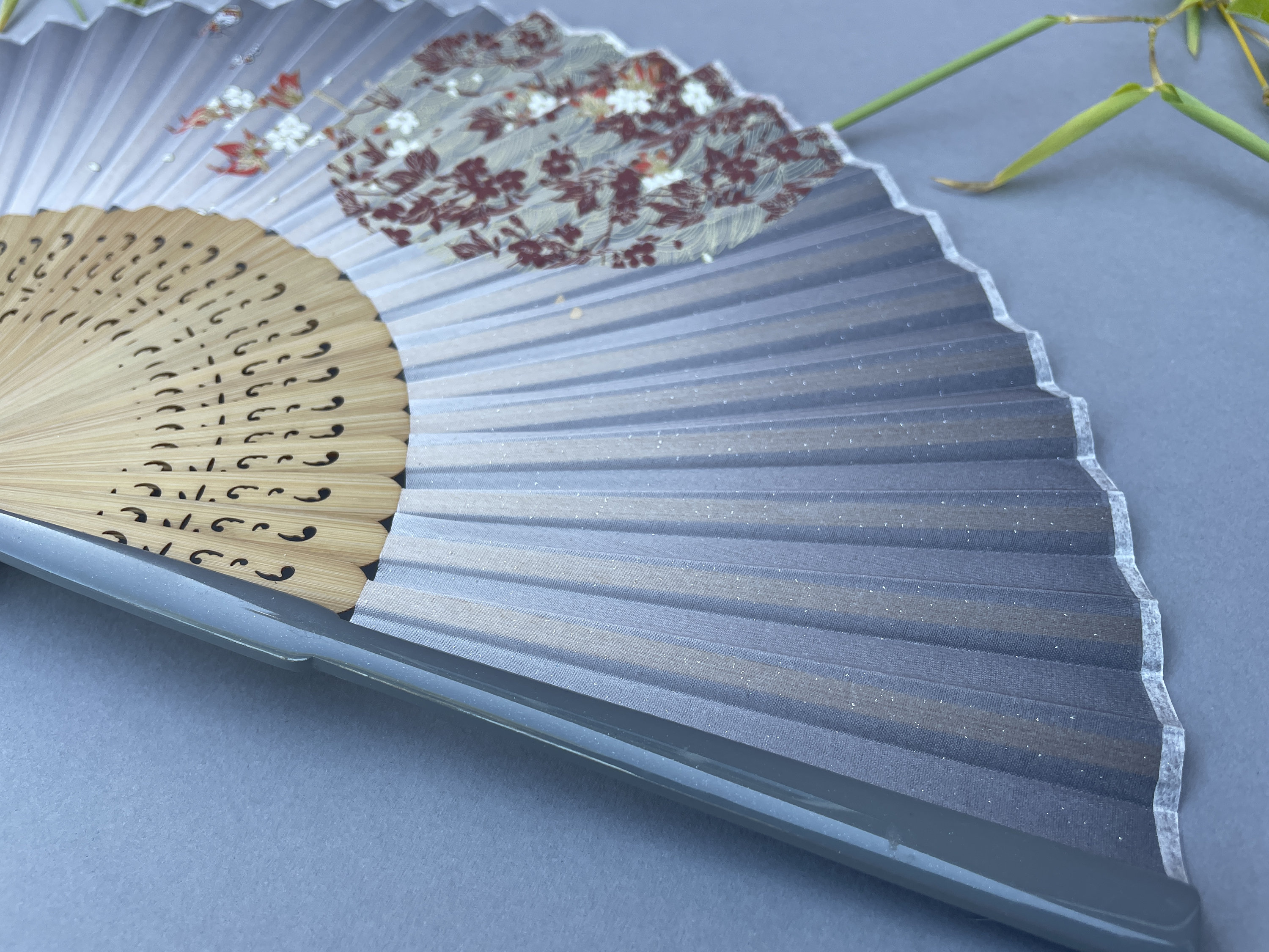 Dusty Blue Burgundy Cherry Blossom Branch Folding Hand Fan - view 4